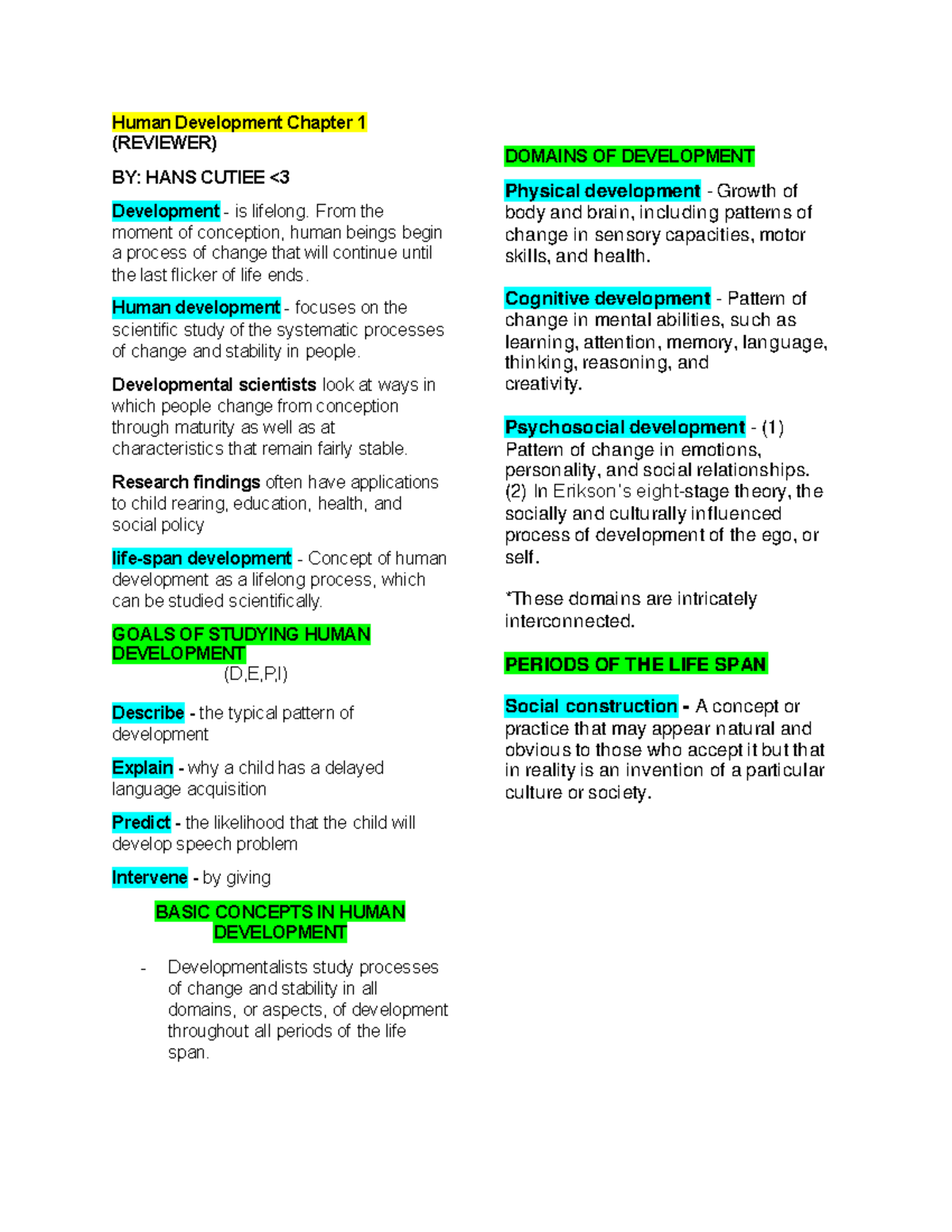 Human Development Chapter 1 (REVIEWER): Key Concepts and Insights - Studocu