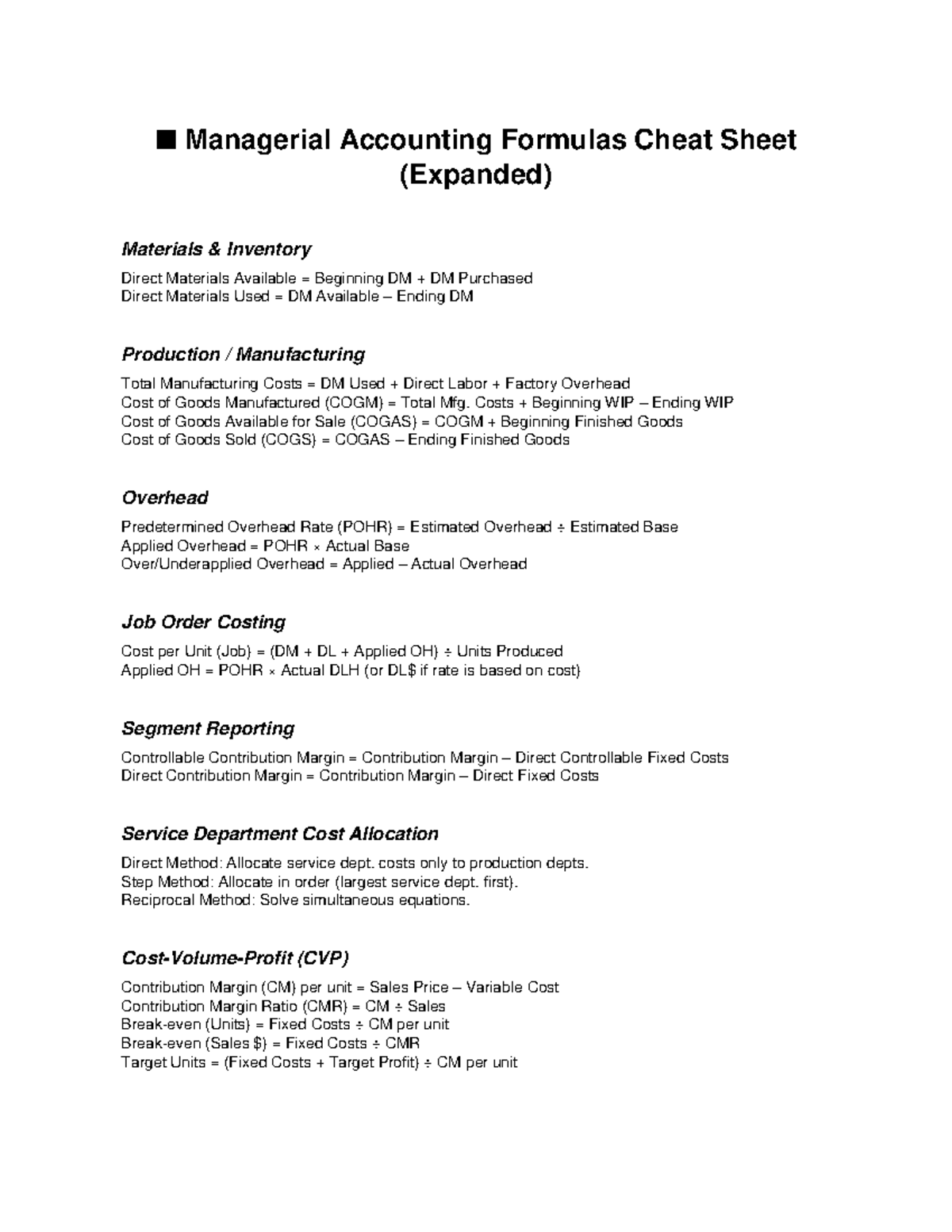 Managerial Accounting Formulas Cheat Sheet (Expanded) - Studocu