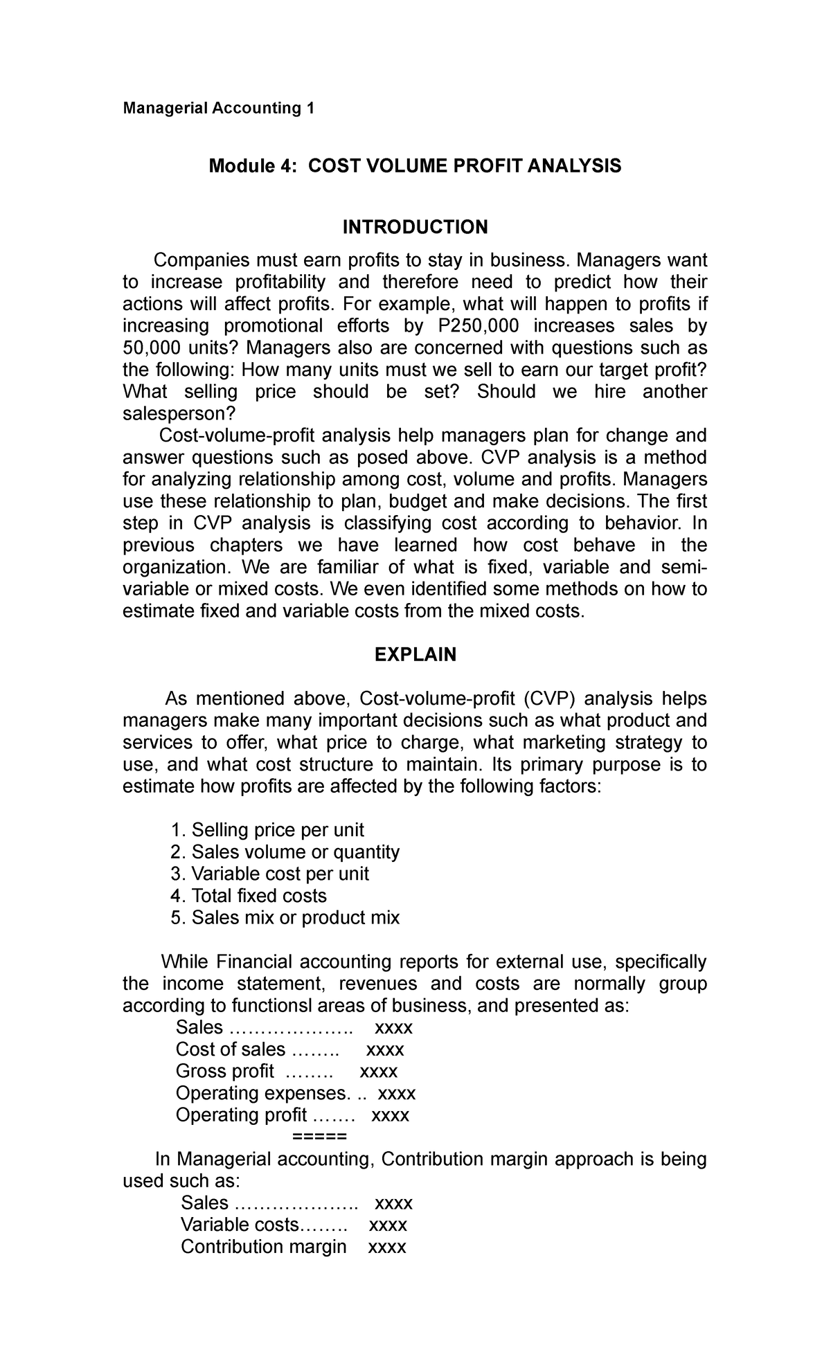 Managerial Accounting 1: Cost Volume Profit Analysis Overview - Studocu
