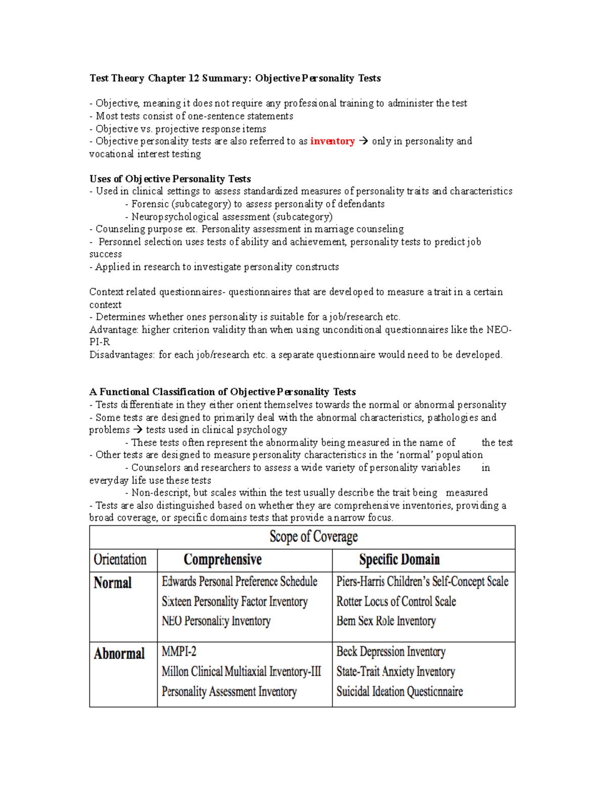 Chapter 12: Overview of Objective Personality Tests and Their ...
