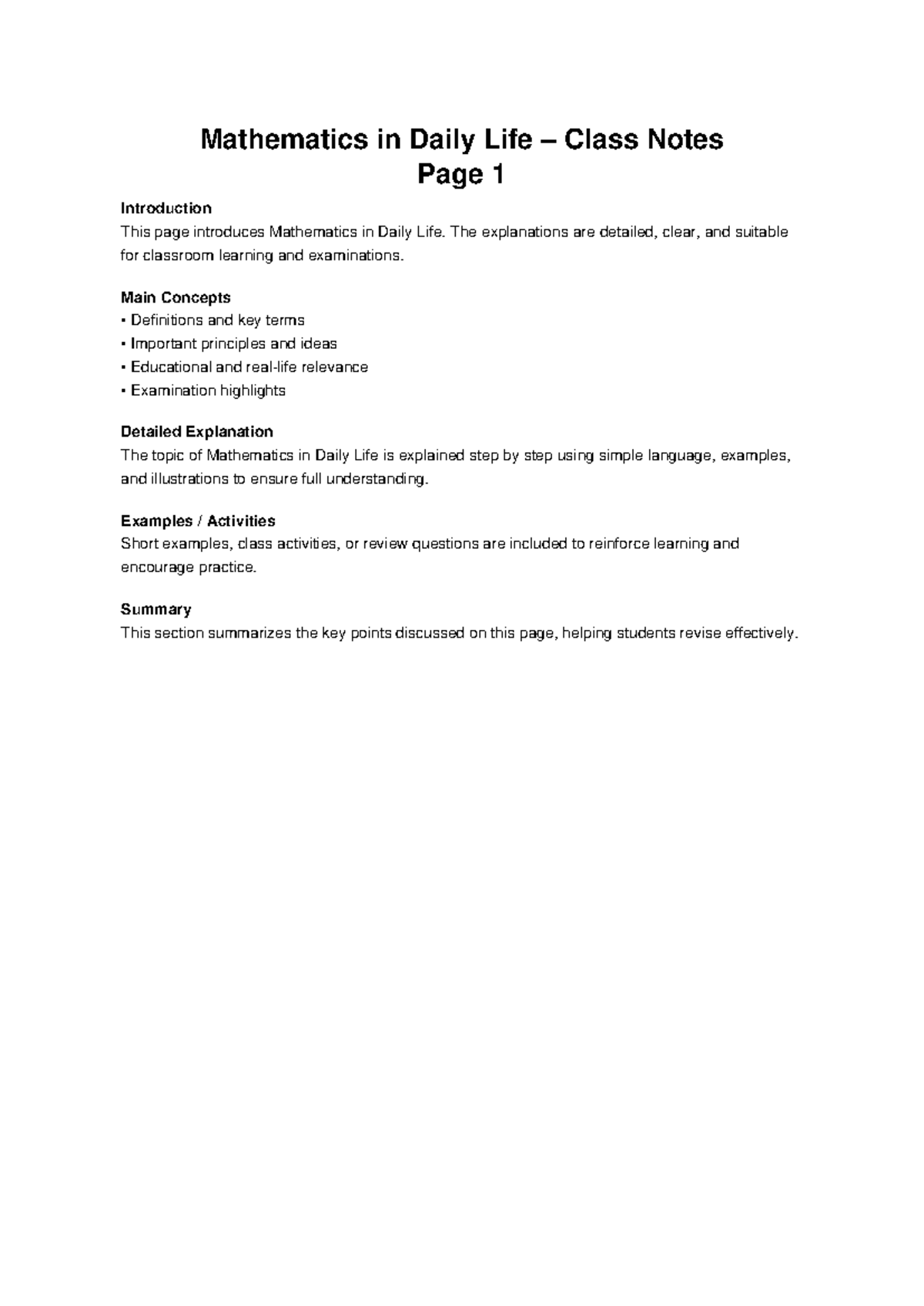 09 Mathematics in Daily Life Class Notes: Key Concepts & Examples - Studocu