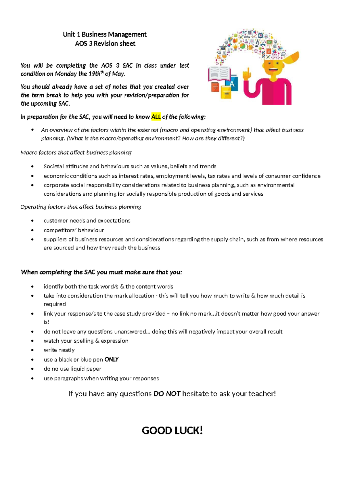 U1 BM AOS 3 SAC Revision Checklist for Business Planning - Studocu