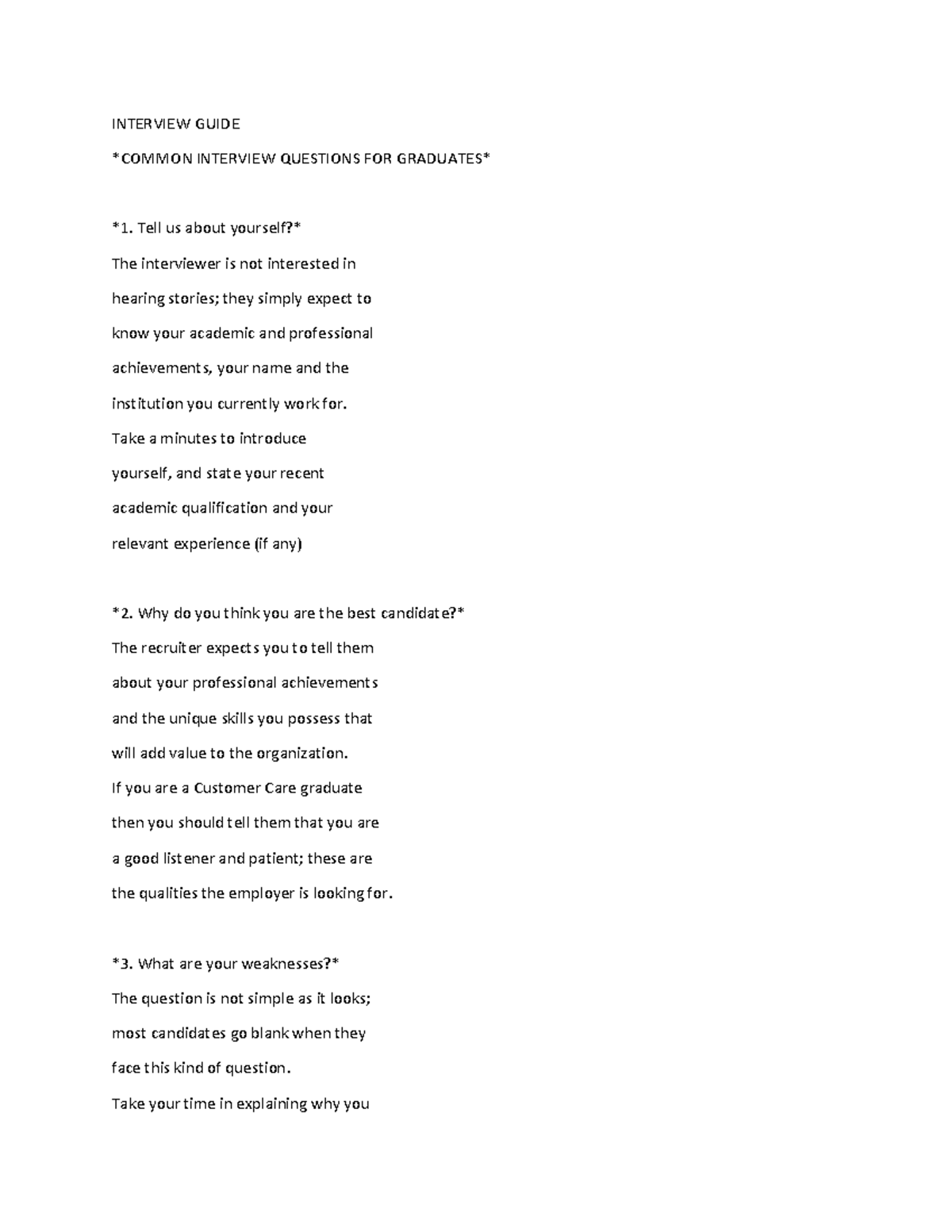 Interview Guide: Common Questions for Grads (Course Code: 4 ...