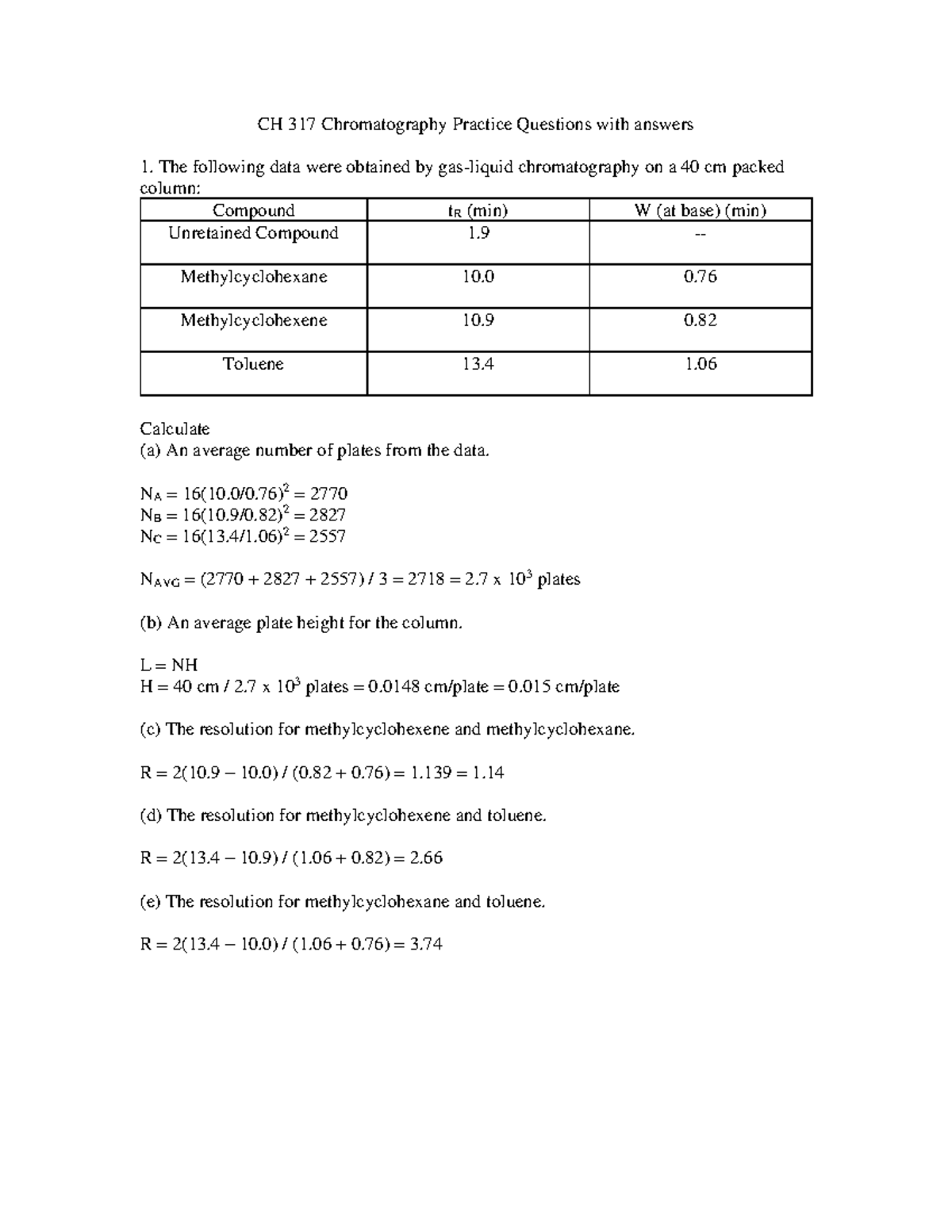 CH317Practice Questions Chromatography 2021 answers - CH 317 ...