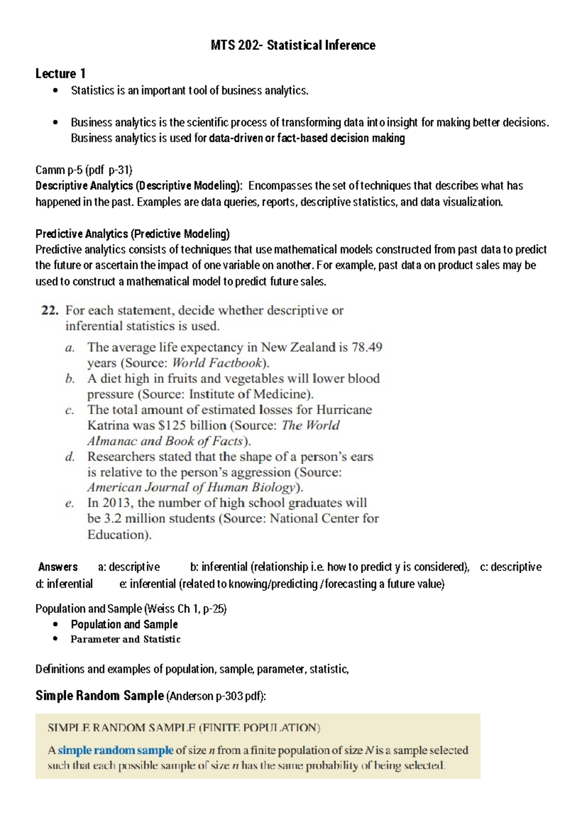 MTS Statistical Inference Lecture 1: Business Analytics Overview - Studocu