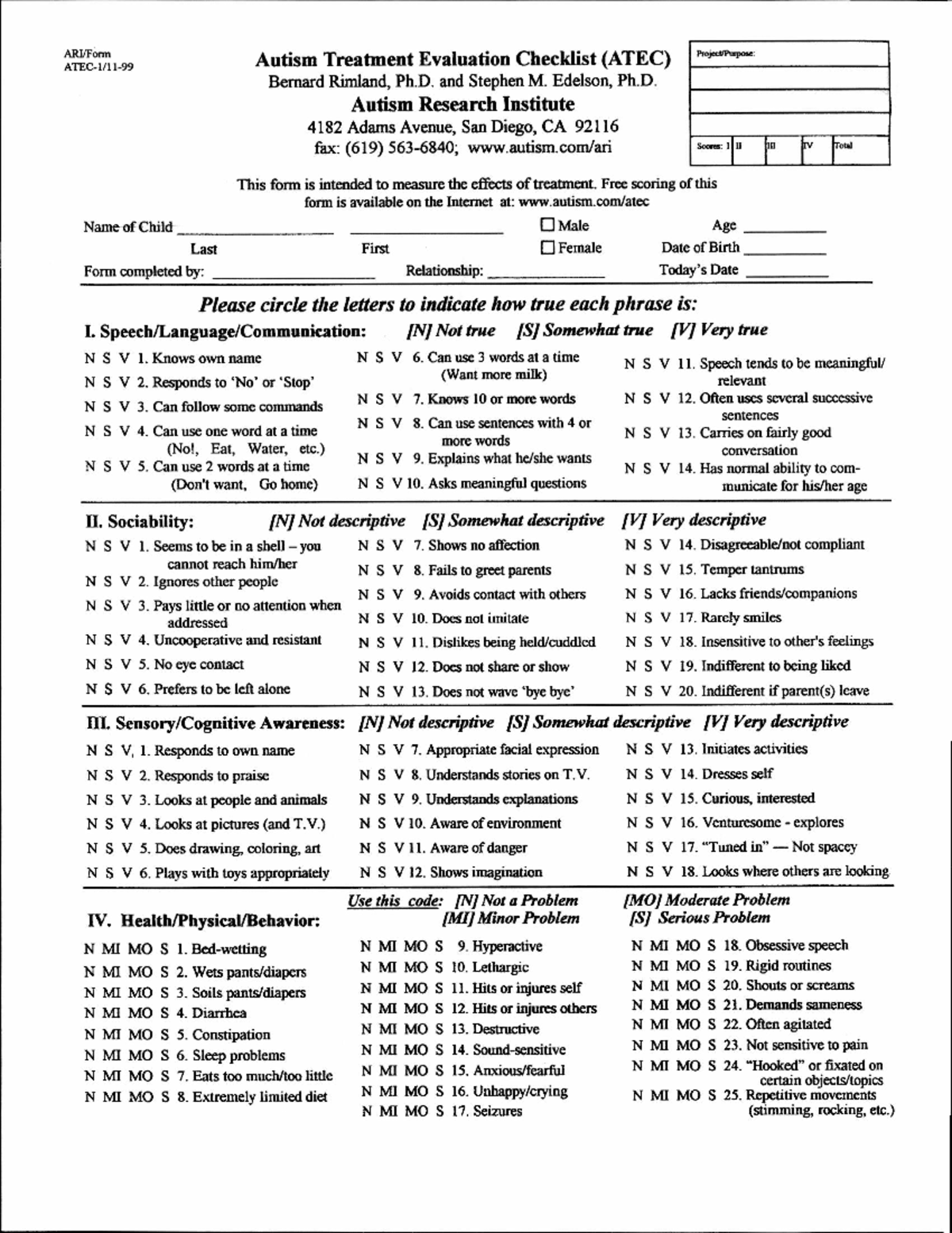 ATEC Evaluation Checklist for Autism Treatment (AR1) - Studocu