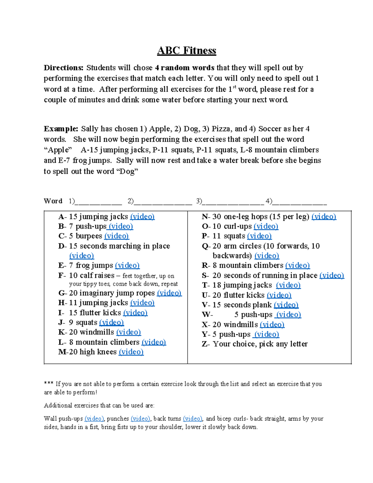 ABC Fitness Exercise Spell-Out Guide for 4-5th Grade - Studocu