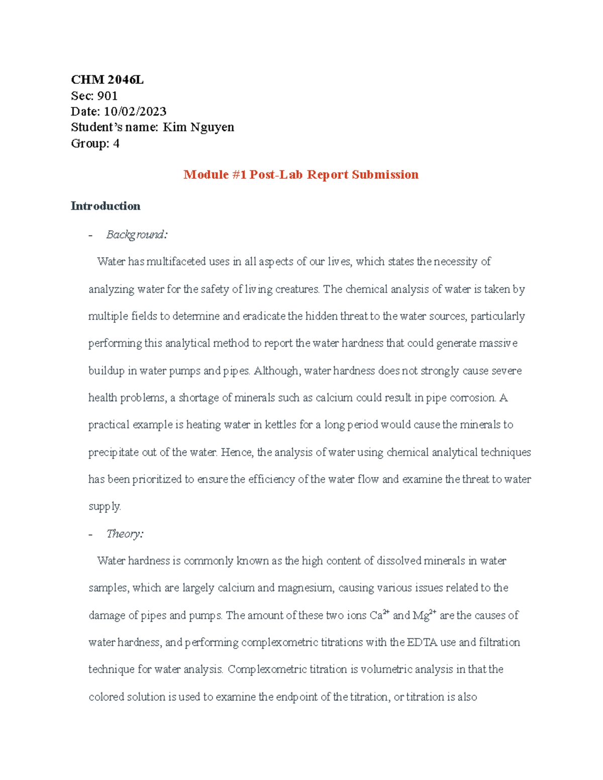 CHM2046L Module 1 Post-Lab Report: Water Hardness Analysis - Studocu