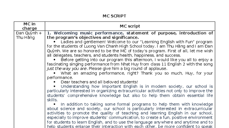 MC Script for Learning English with Fun Program (LVC High School) - Studocu