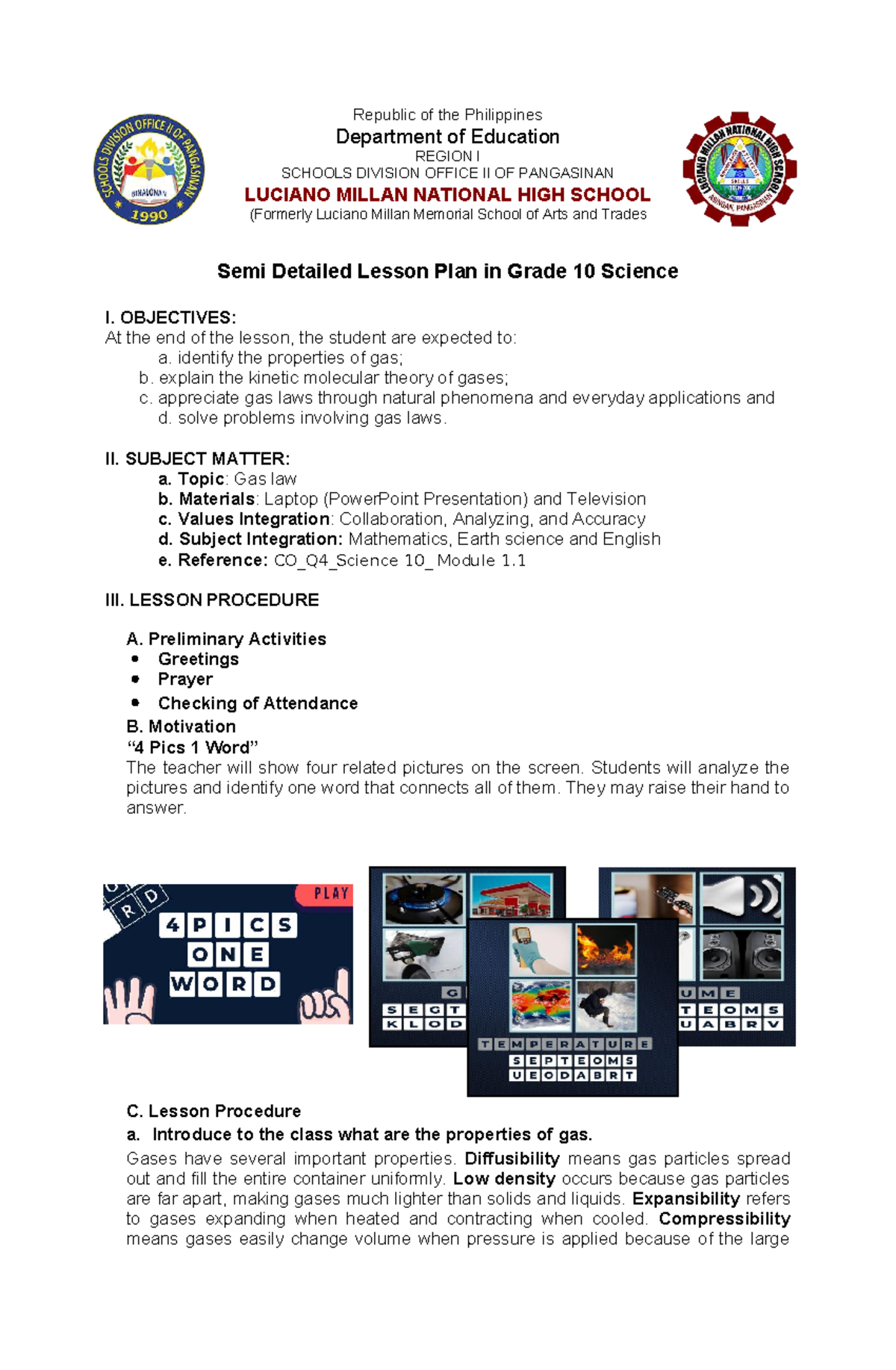 Grade 10 Science: Semi-Detailed Lesson Plan on Gas Laws - Studocu
