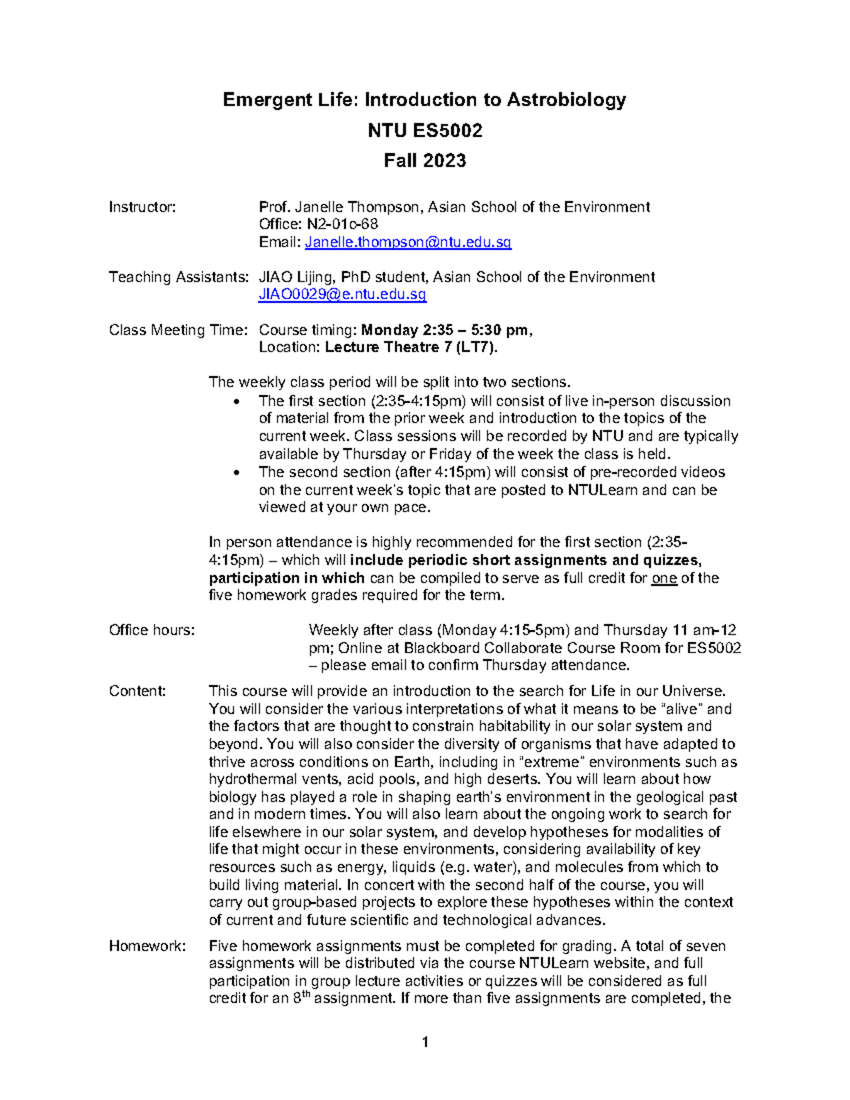 ES5002 Syllabus: Emergent Life - Introduction to Astrobiology (Fall ...
