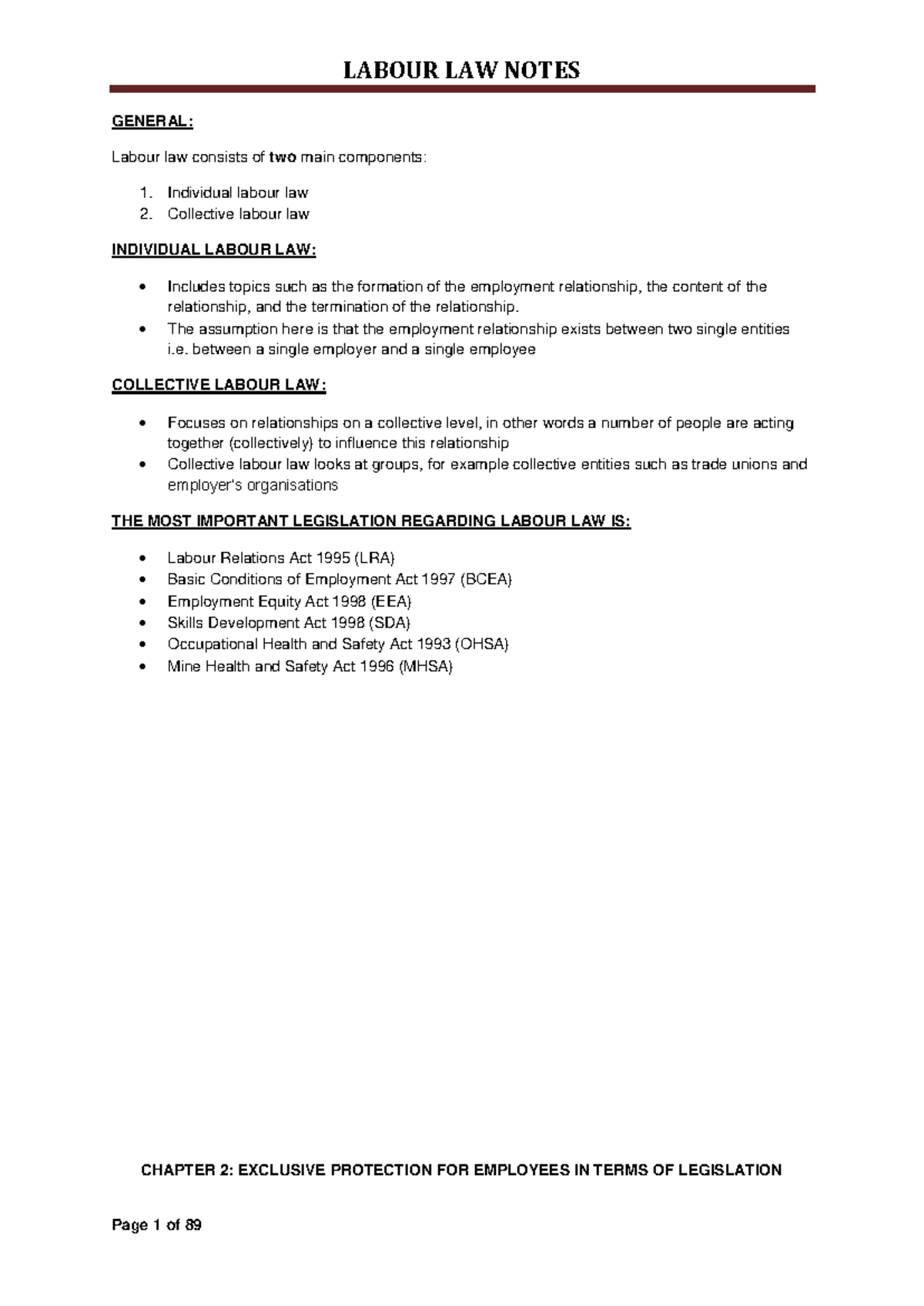 MRL3702 LABOUR LAW SUMMARY & NOTES: KEY CONCEPTS AND LEGISLATION - Studocu