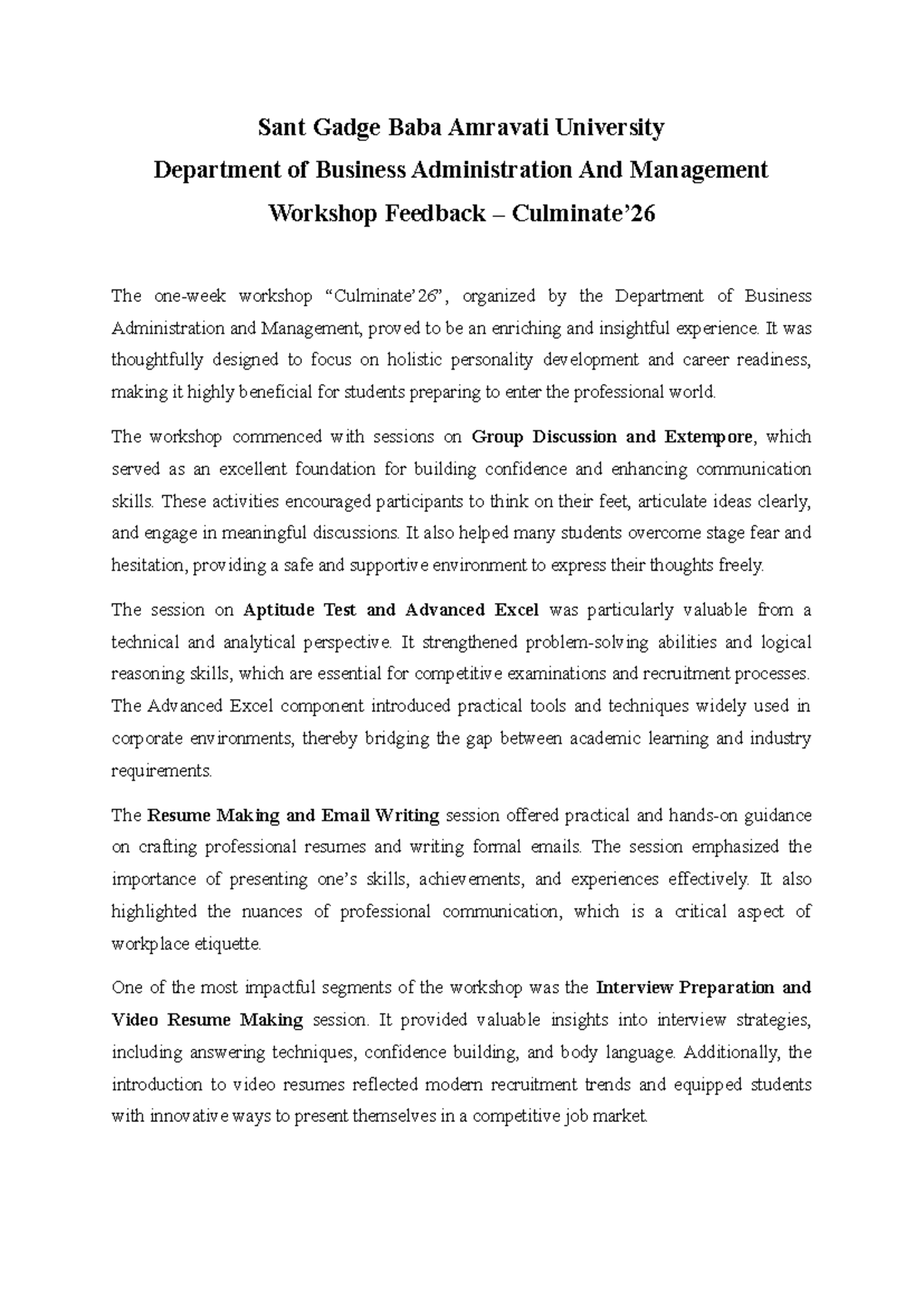 Workshop Feedback: Enhancing Skills for Career Readiness - Studocu