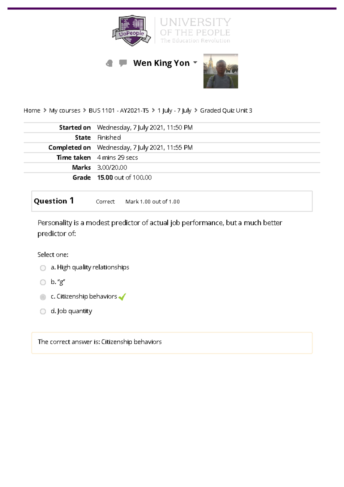 Graded Quiz BUS 1101: Unit 3 Attempt Review and Feedback - Studocu