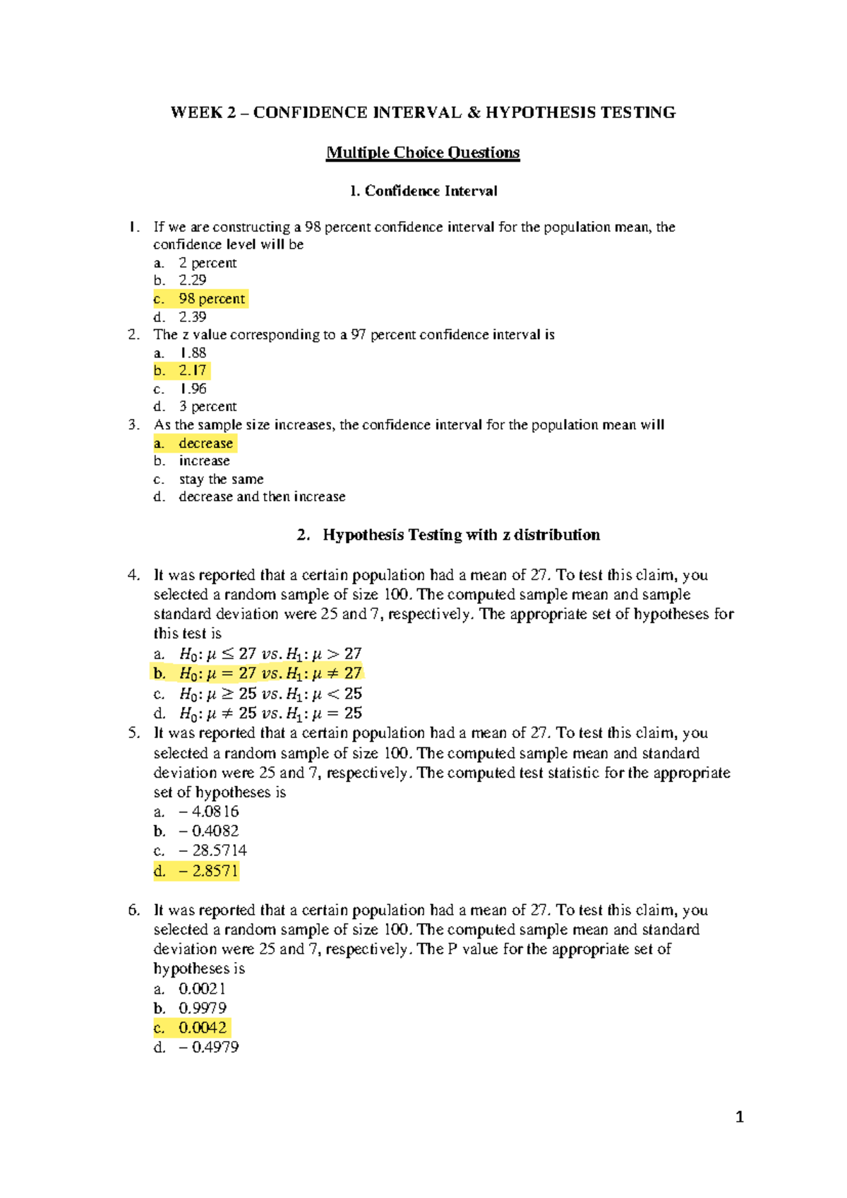Quiz Week 2: Confidence Interval & Hypothesis Testing MCQs - Studocu