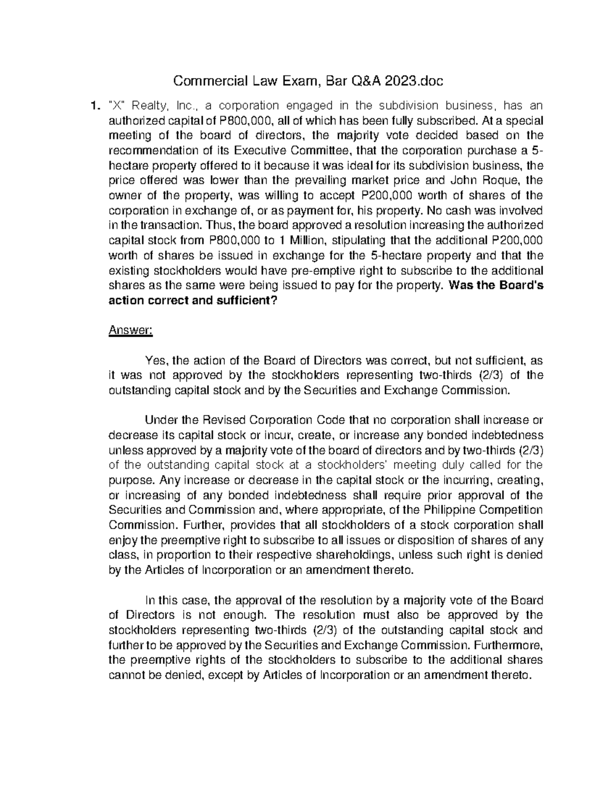 Commercial Law Bar 2023: Exam Q&A on Corporate Governance Issues - Studocu