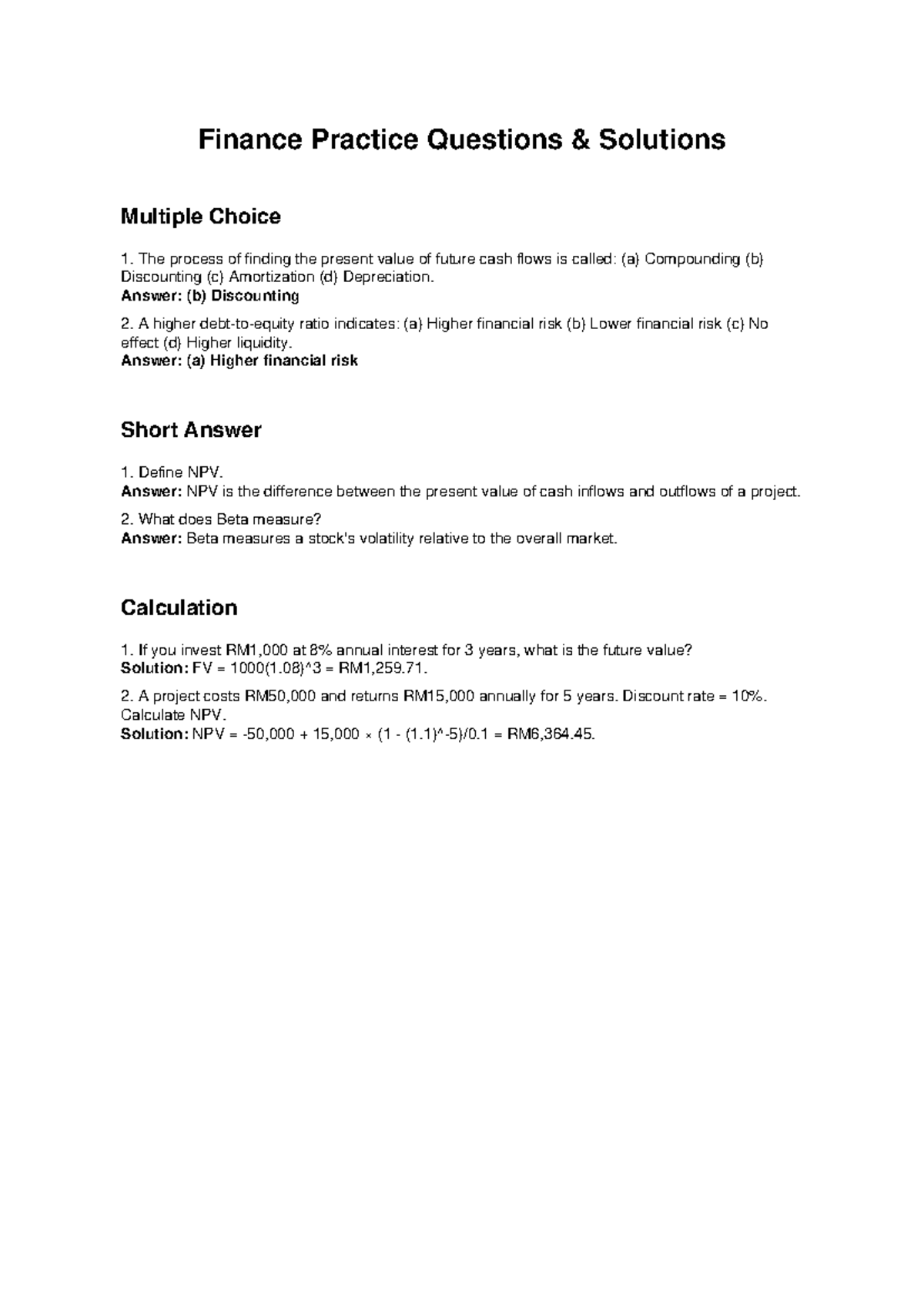 Finance Practice Questions Solutions - MCQ & Short Answers - Studocu
