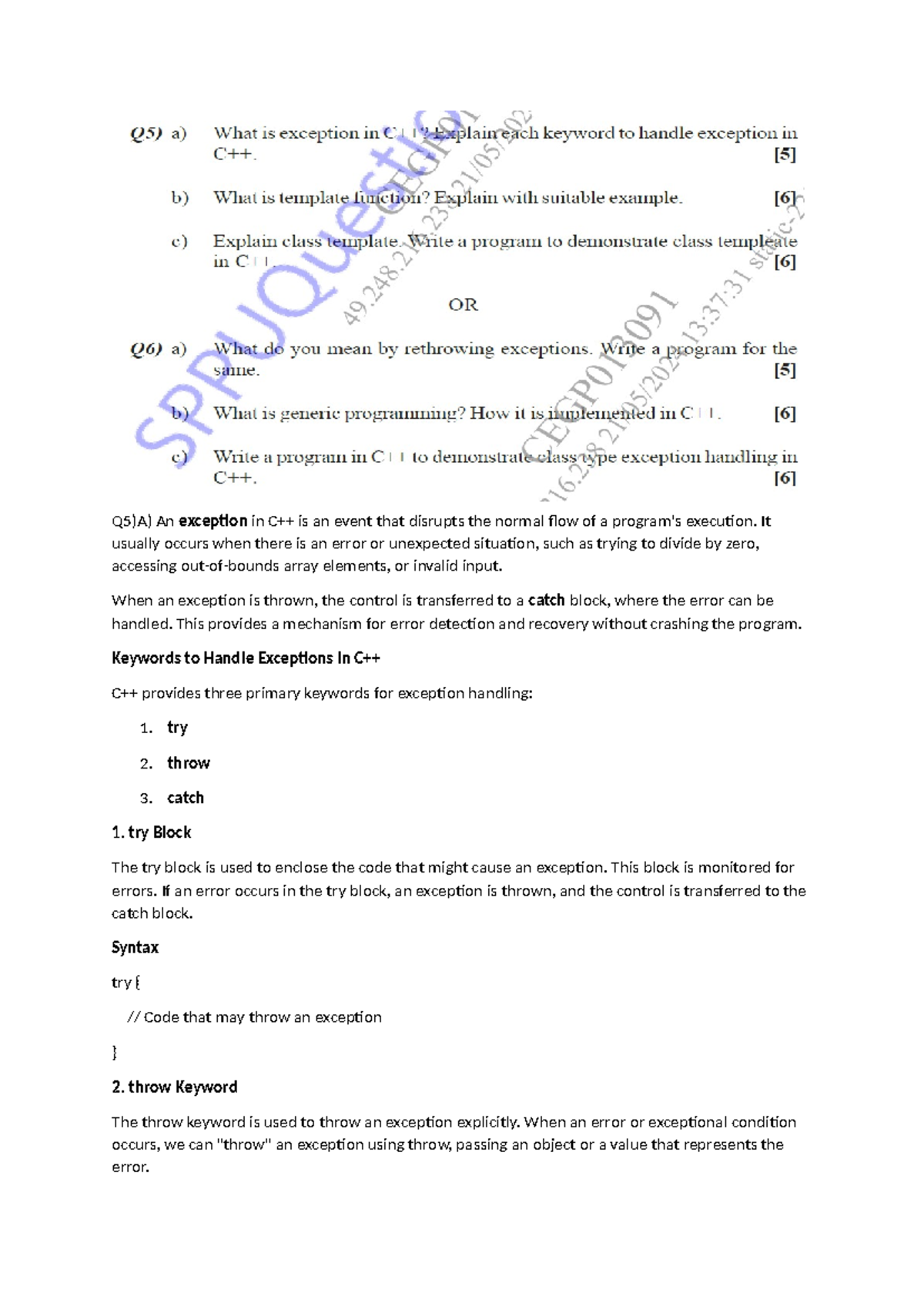 Unit 5 OOPS - good stuff for OOP - Q5)A) An exception in C++ is an ...