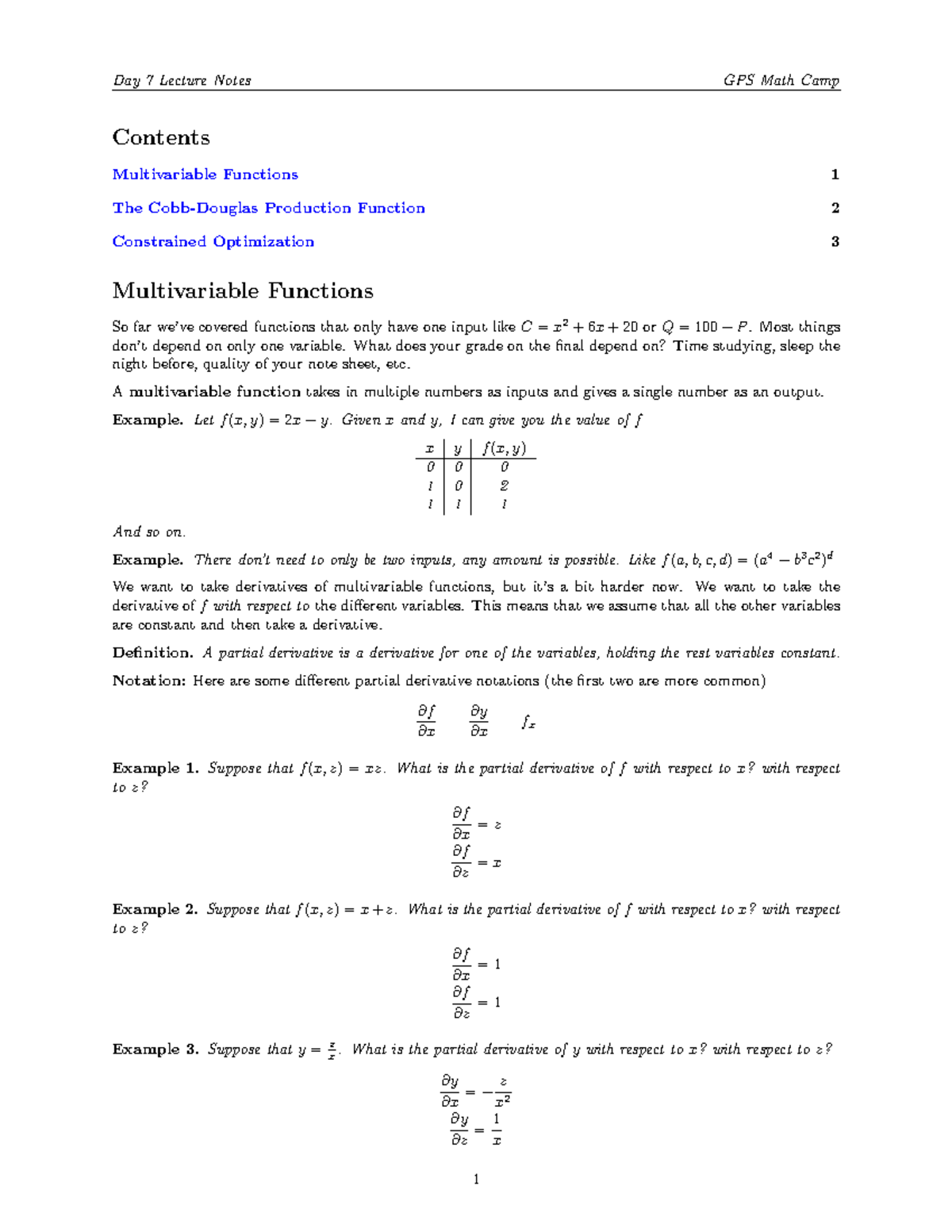 Day 7 Lecture Notes GPS Math Camp: Multivariable Functions ...