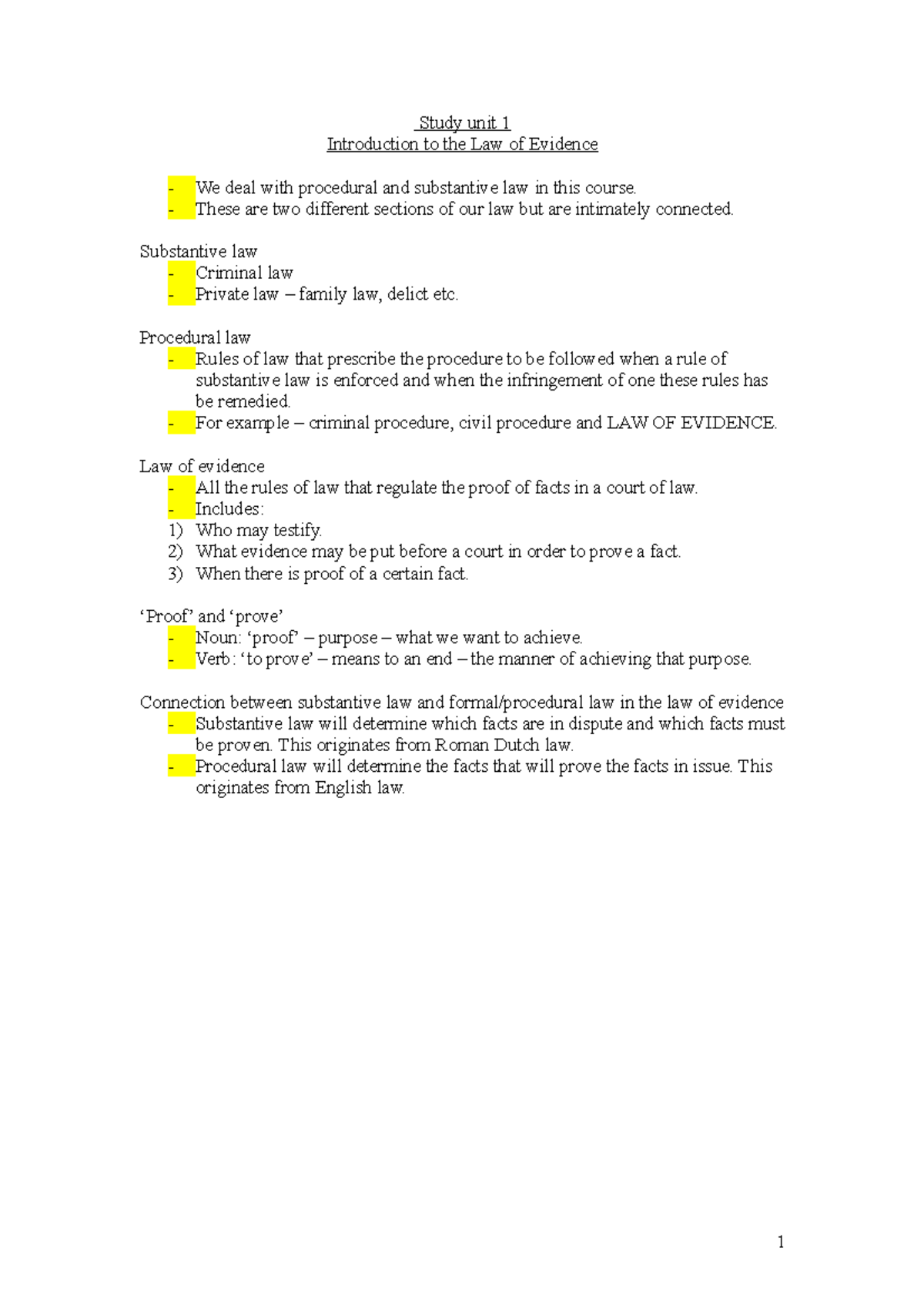 Evidence procedural and substantive law in this course notes for exam ...