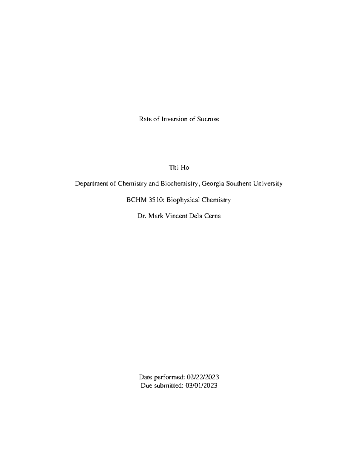 BCHM 3510 Lab Report 5: Kinetics of Sucrose Hydrolysis Investigation ...