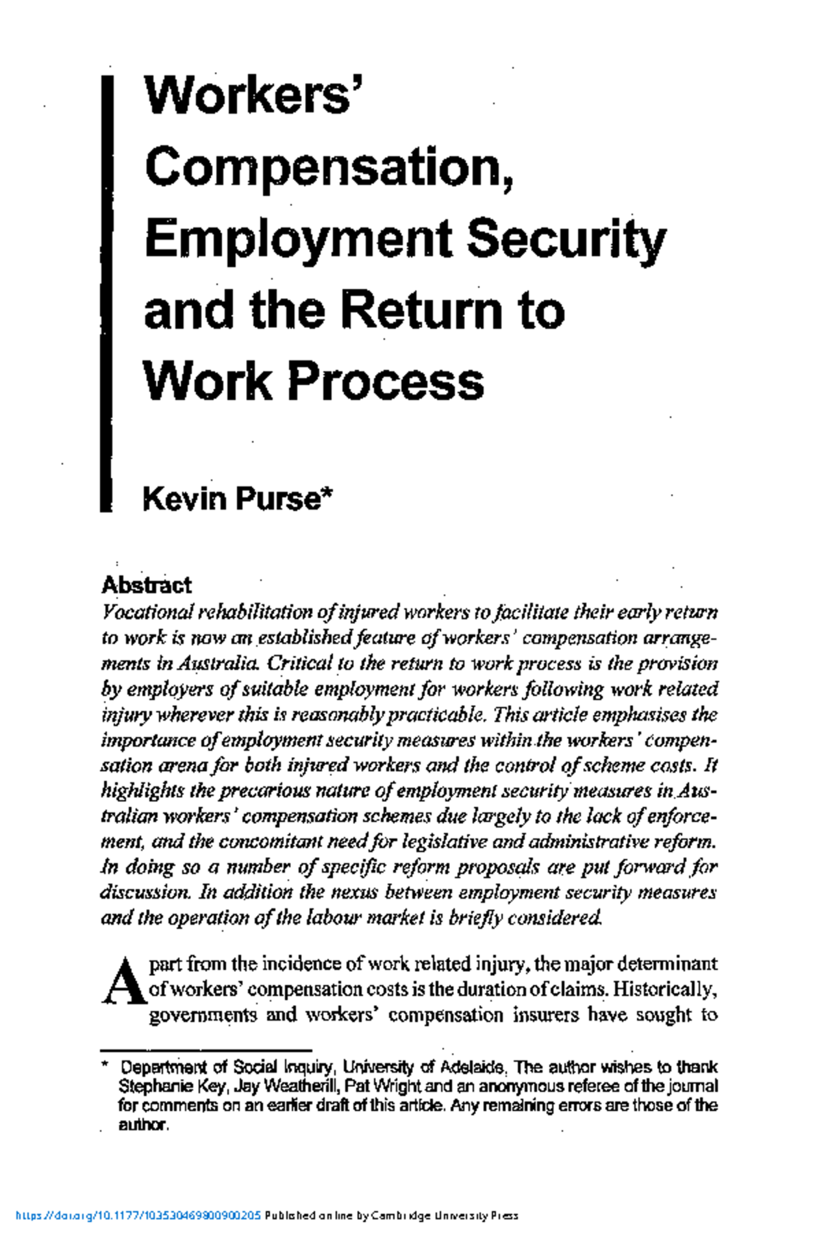 Workers compensation employment security and the return to work process ...