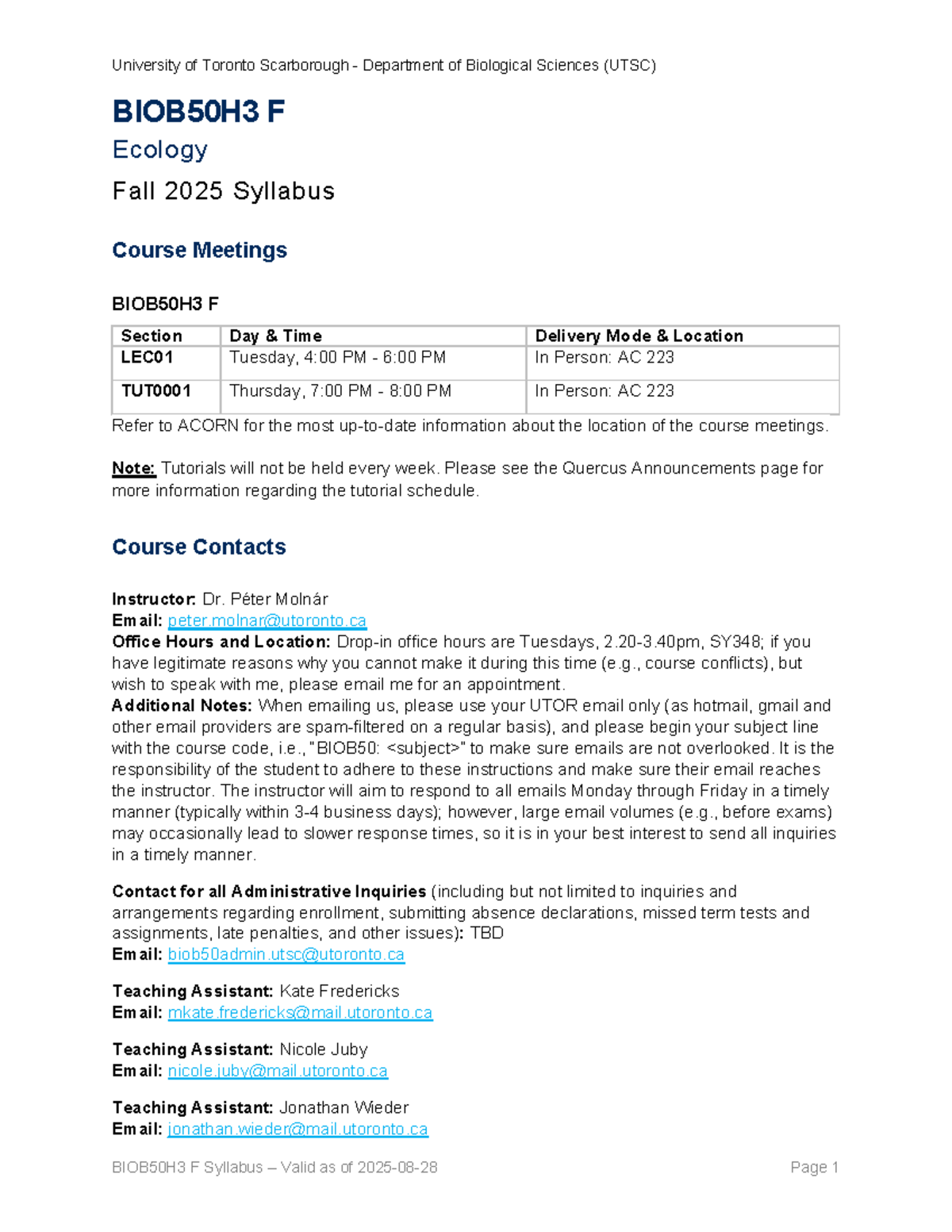 BIOB50H3 F 2025 Fall Ecology Syllabus - University of Toronto ...