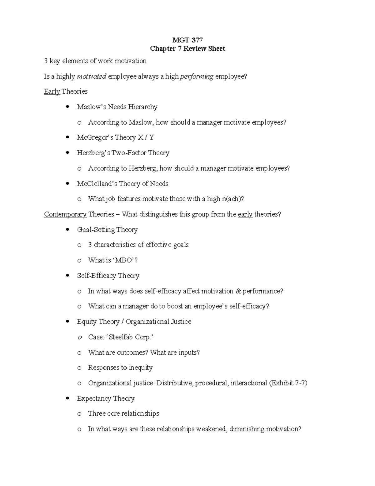 MGT 377 Chapter 7 Motivation Theories Review Sheet - Studocu