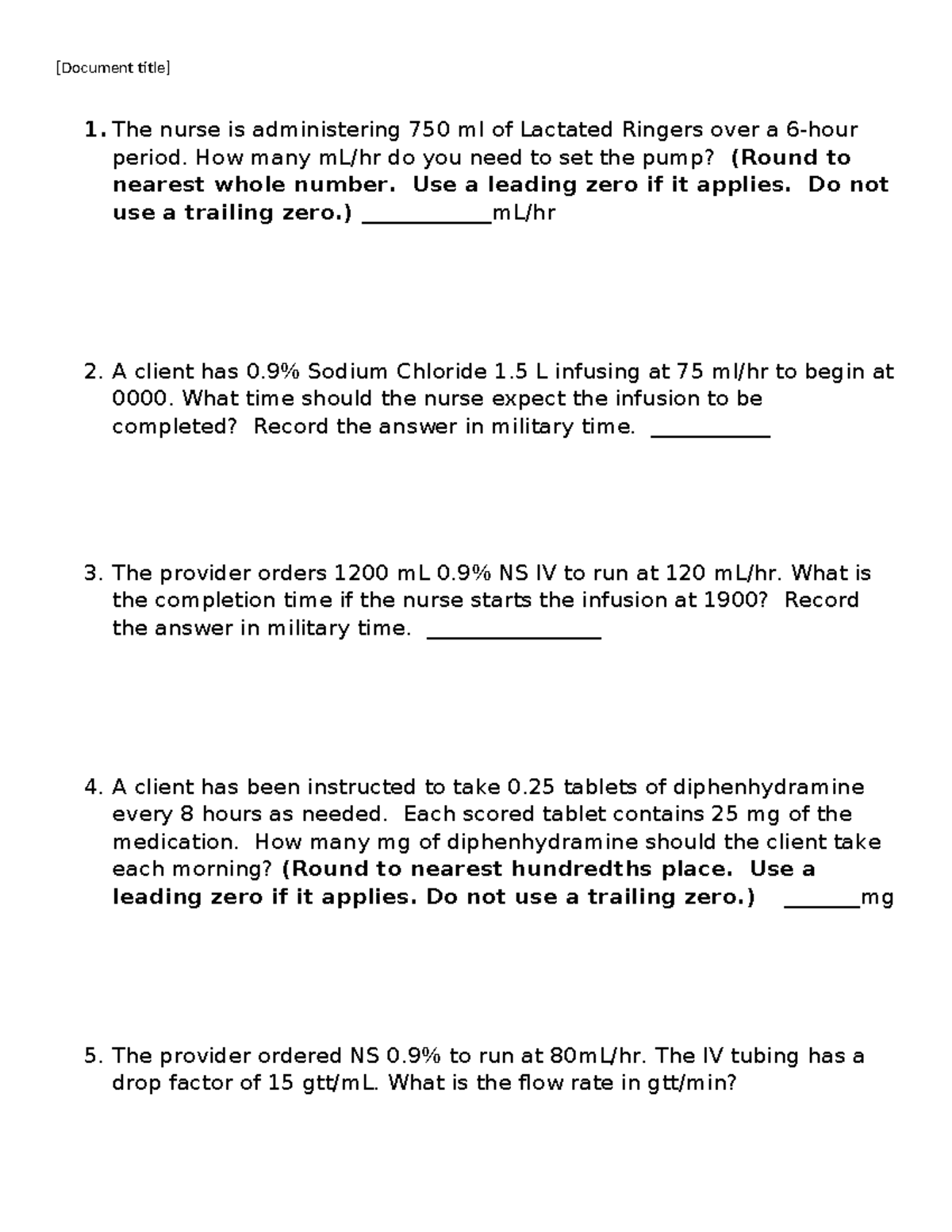Dosage Calculation Exam Handout & Answer Key (Course Code: NURS 101 ...