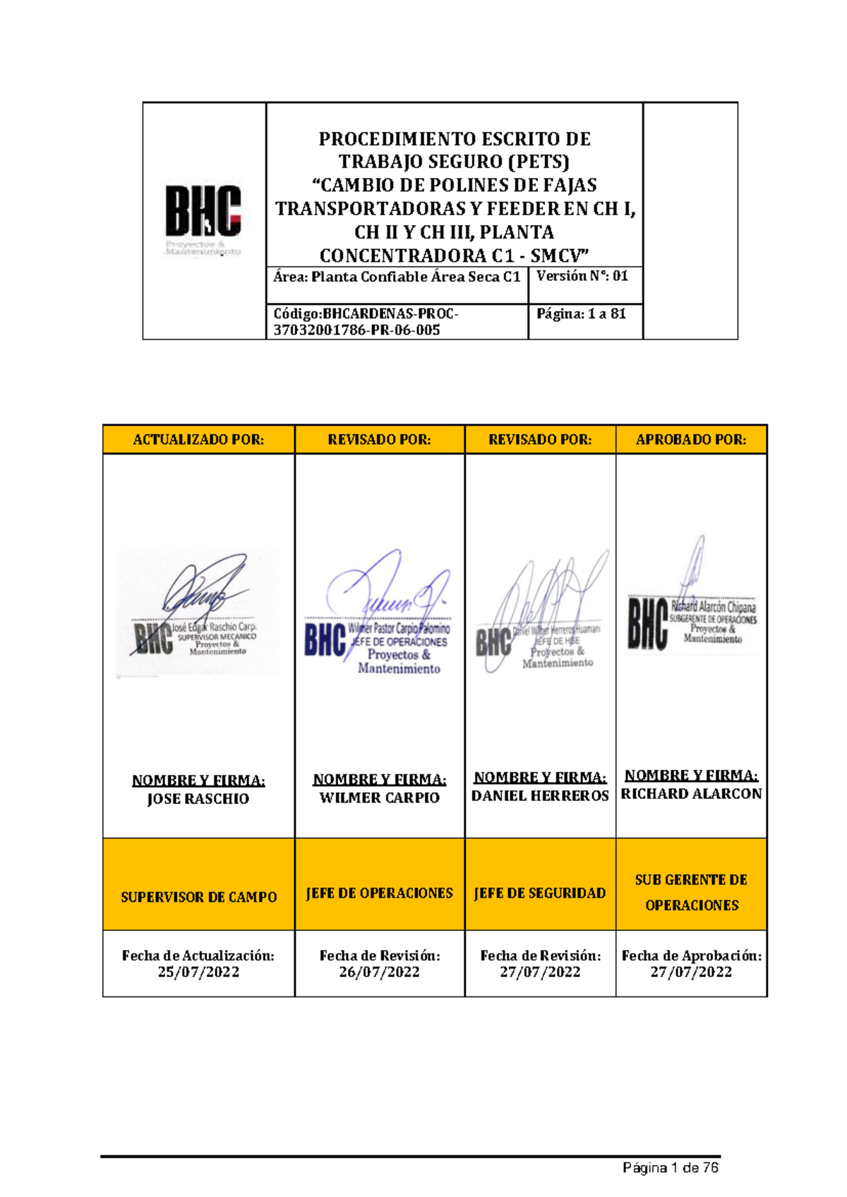 PETS para Cambio de Polines de Fajas Transportadoras y Feeders CH I, II y Planta - Document Preview