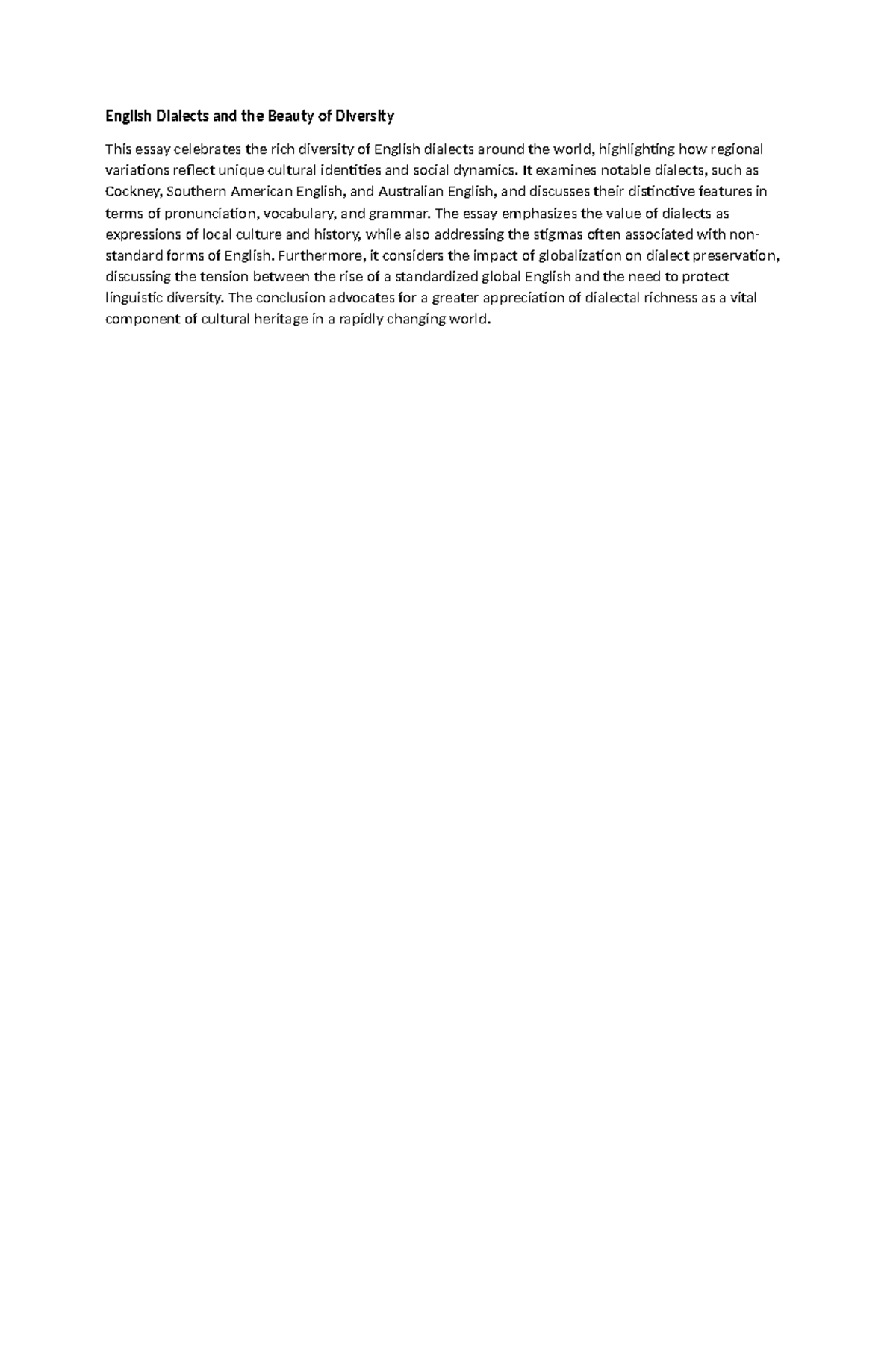 ENG 101 Essay: Celebrating the Richness of English Dialects - Studocu