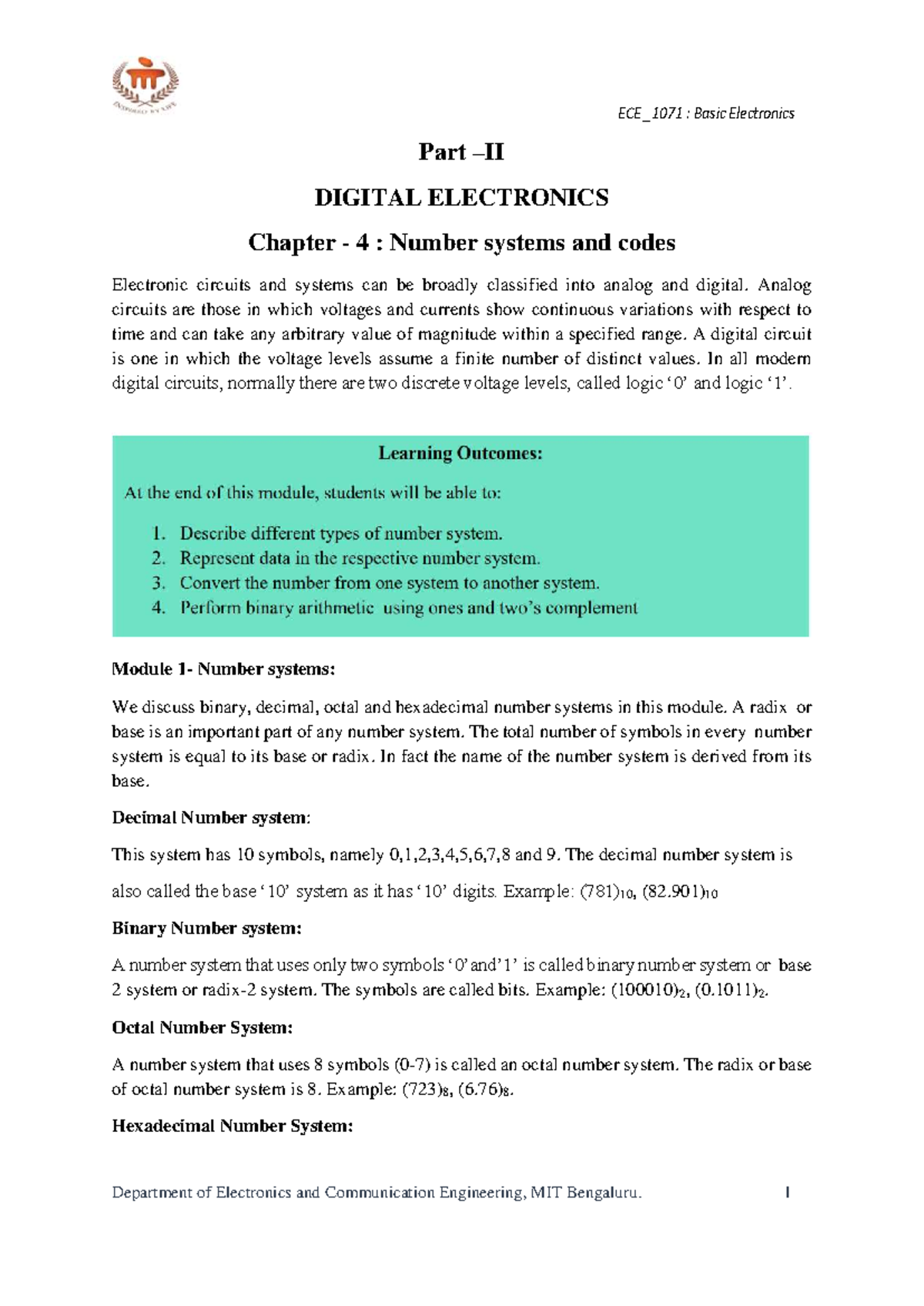 ECE _1071: Basic Electronics - Chapter 4: Number Systems & Codes - Studocu
