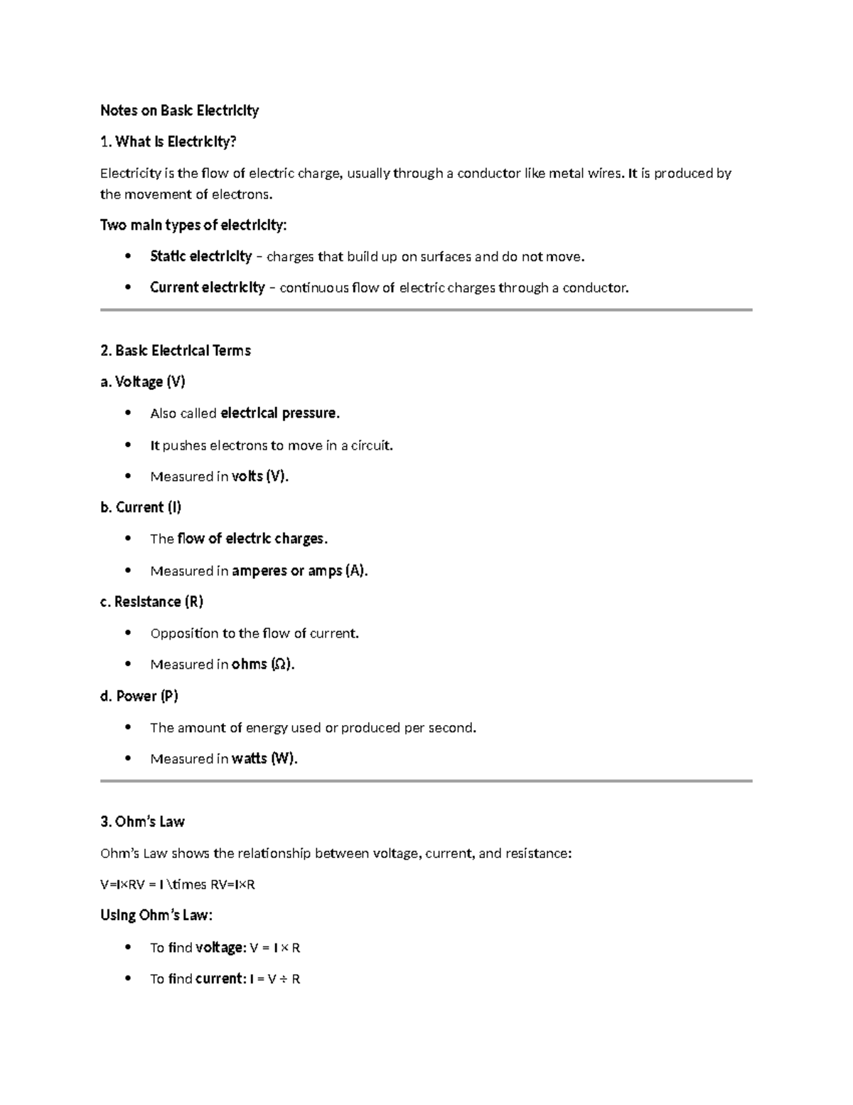 Basic Electricity Notes: Understanding Key Concepts and Terms - Studocu
