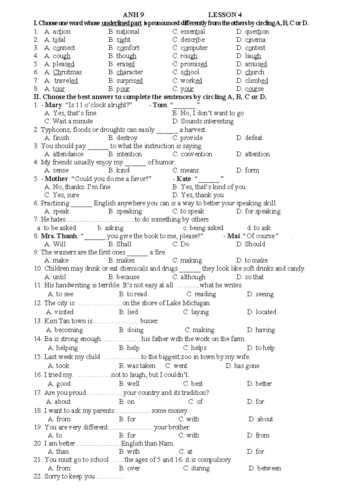 ANH 9 Lesson 4: Pronunciation and Sentence Completion Exercises - Studocu