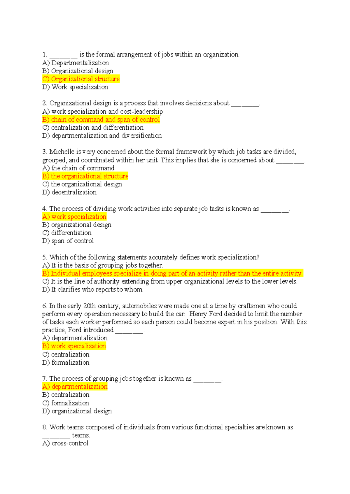 Chap 10 - Practice Questions on Organizational Structure and Design ...