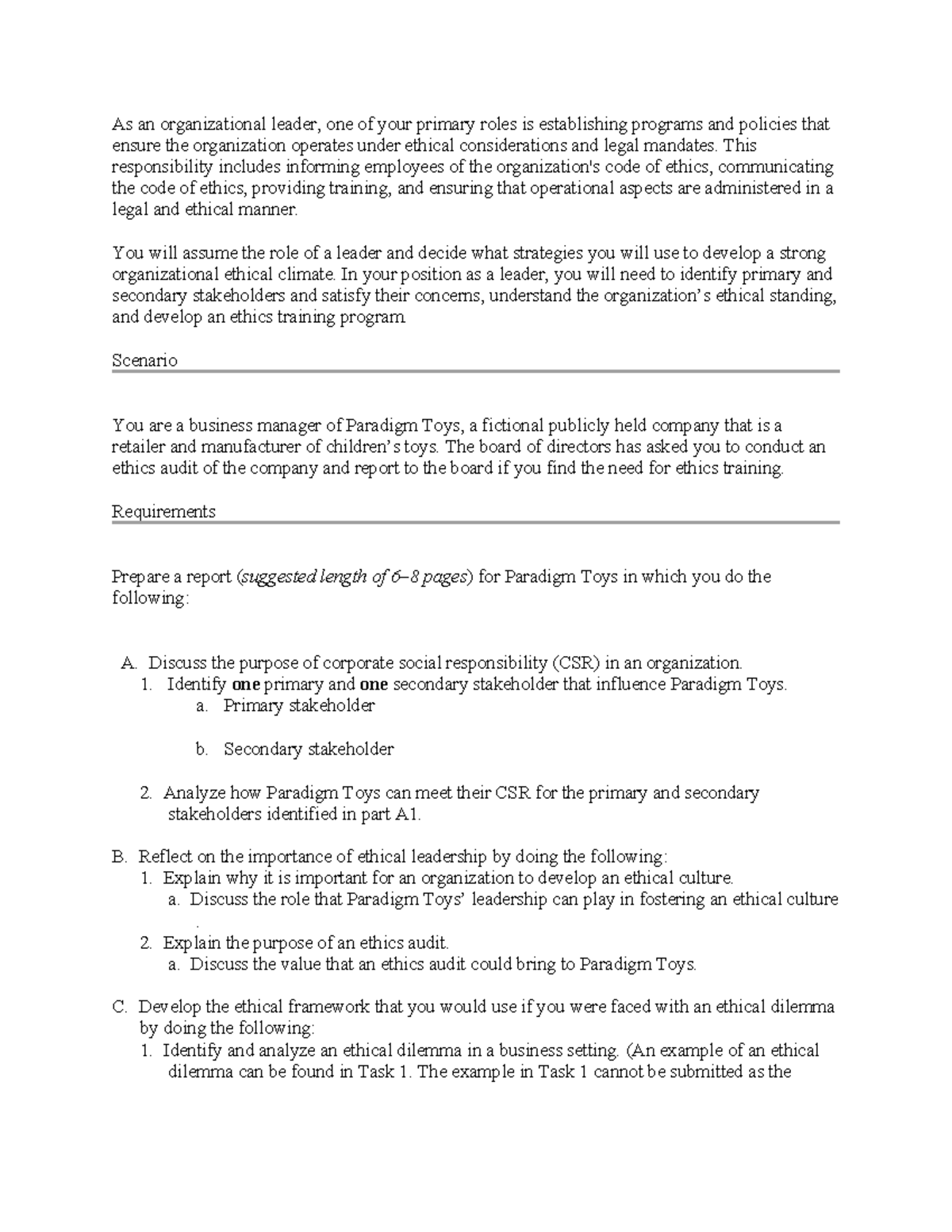 Task 2: Ethics Audit Report for Paradigm Toys - Amanda Fine - Studocu