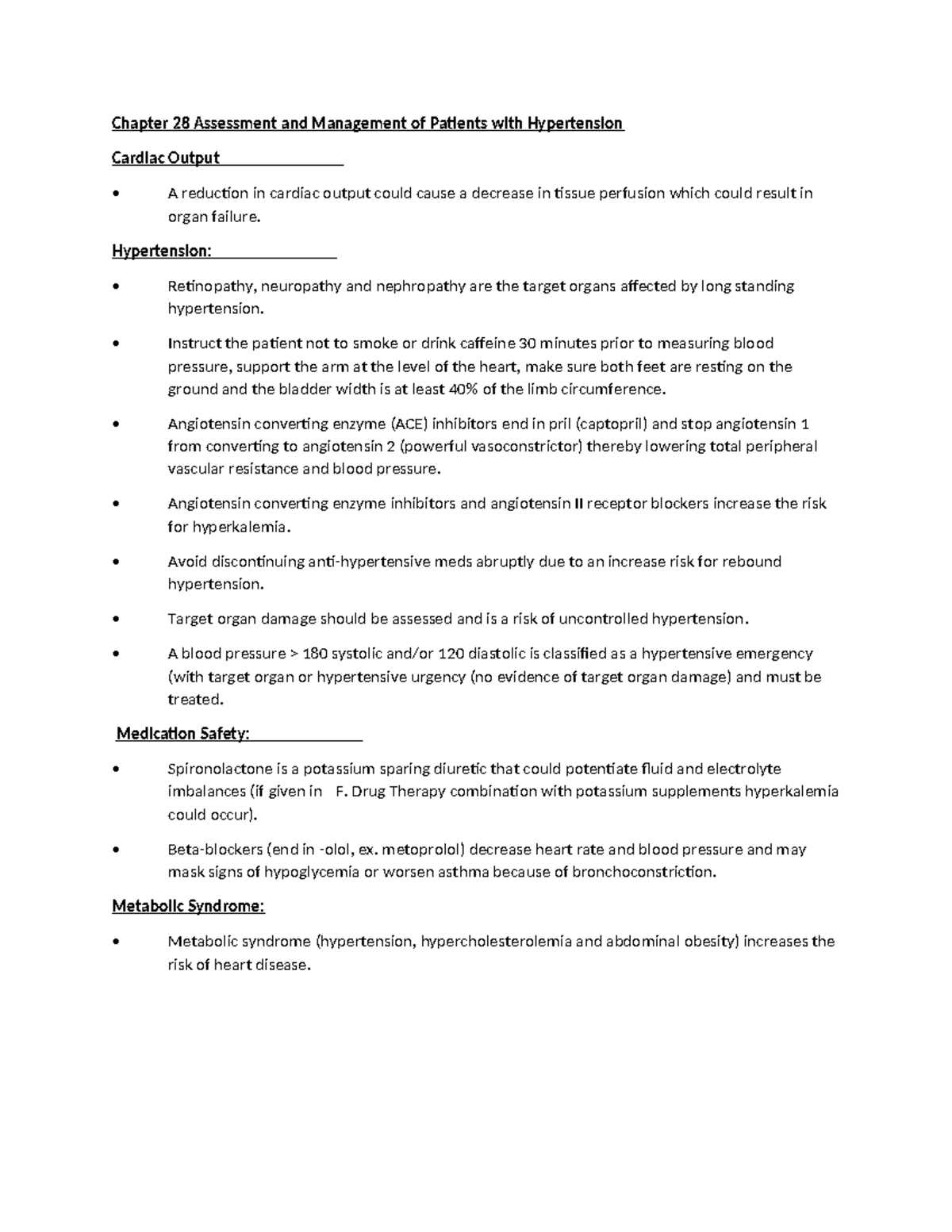 Handout: Chapter 28 - Assessment & Management of Hypertension