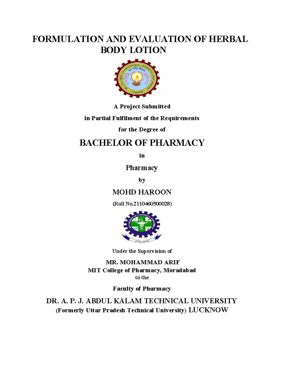 Formulation and Evaluation of Herbal Body Lotion (BP815pw) - Studocu