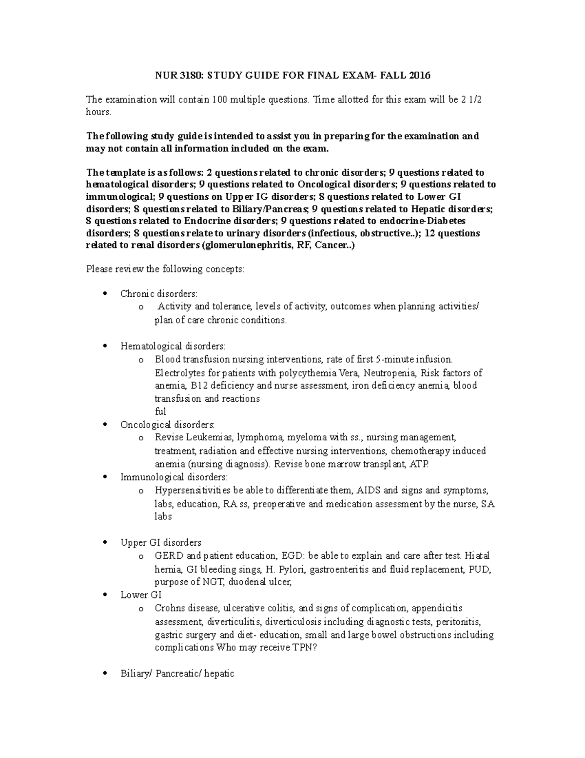 Study Guide Final EXAM FALL 2017 - NUR 3180: STUDY GUIDE FOR FINAL FALL ...