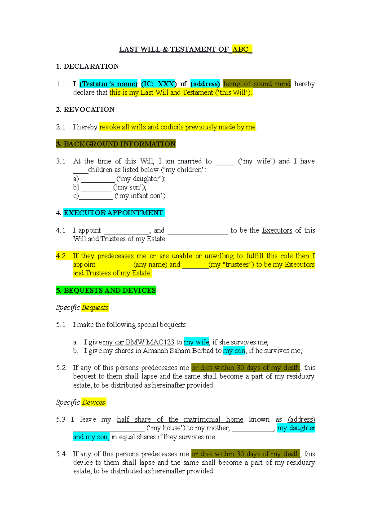 357695 Last Will & Codicil Sample Document for Testators - Studocu