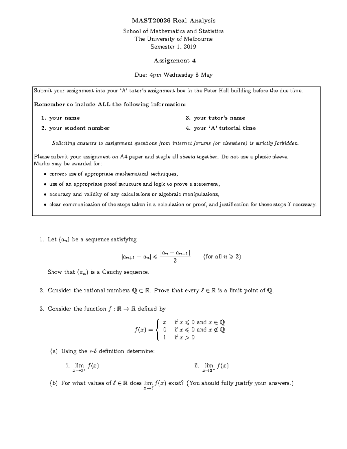 MAST20026 Real Analysis S1 2019 Assignment 4 Questions and Guidelines ...