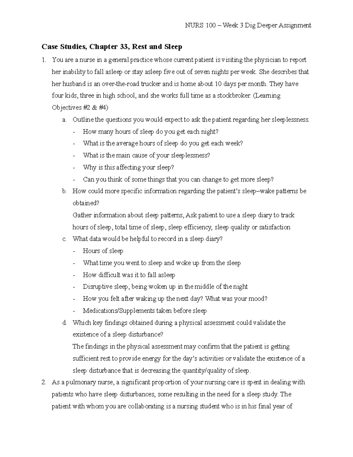 Week 3 DD - Sleep and Rest - NURS 100 – Week 3 Dig Deeper Assignment ...