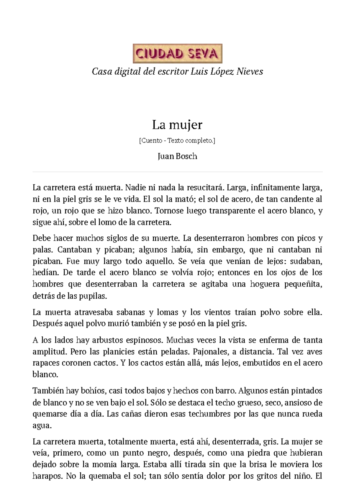 La mujer de Juan Bosch: Cuento Completo y Análisis - Literatura - Document Preview