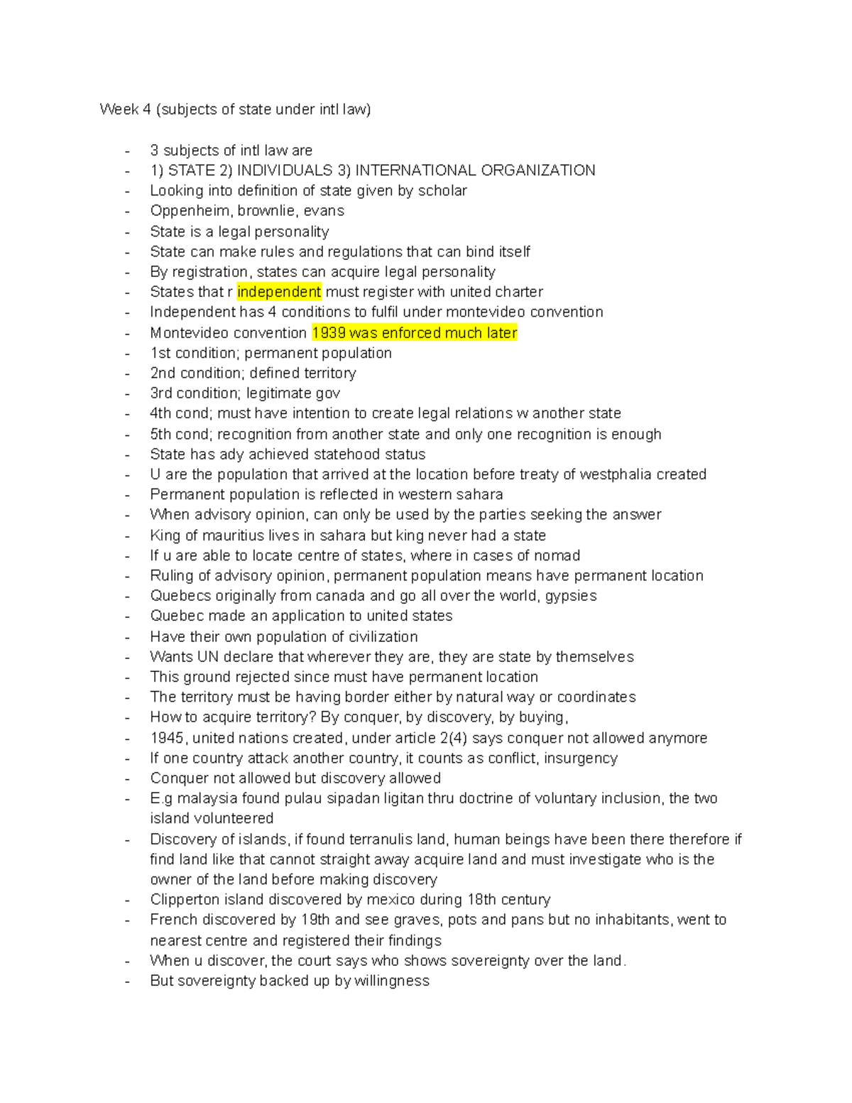 Intl Law Notes: Week 4 - Subjects of State Under Intl Law - Studocu