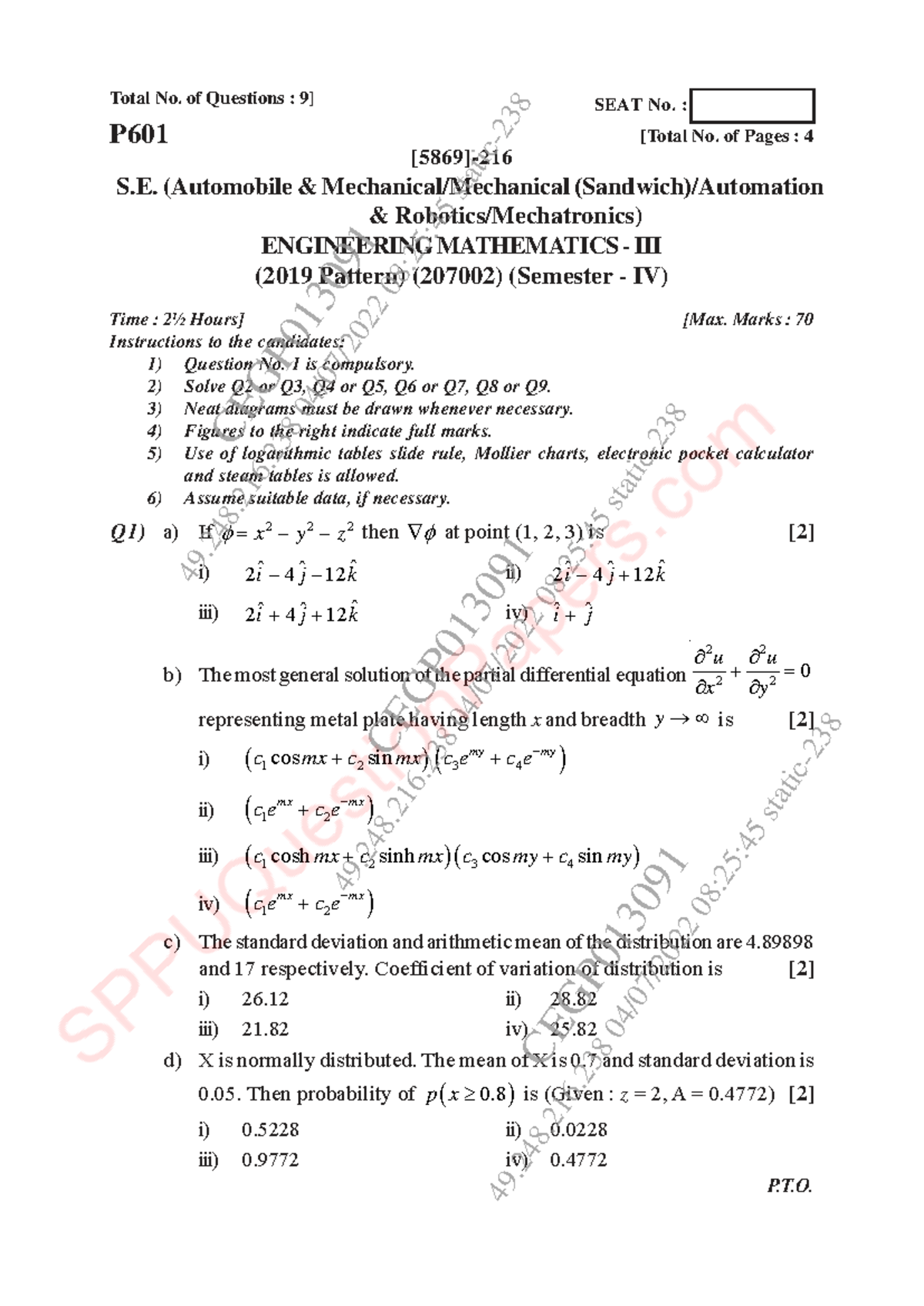 Engineering Mathematics III (M3) - Semester IV Exam Paper (2019 Pattern ...