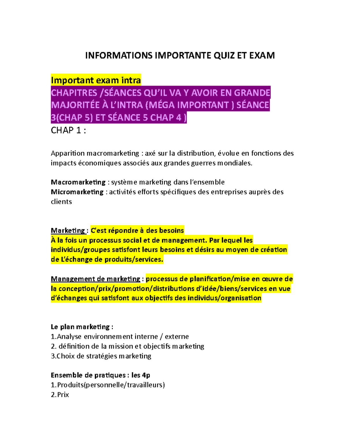 Notes sur le Marketing - Quiz et Examens Intra (CRES MKT101) - Studocu