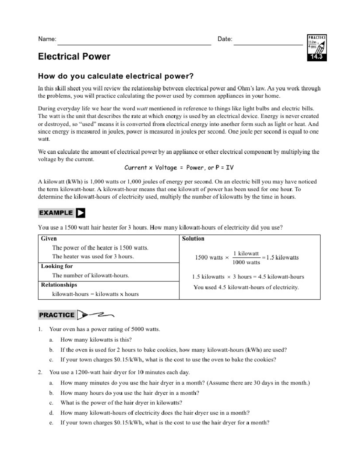 Electrical Power Calculation Practice Sheet - 112m 4 sec - Studocu