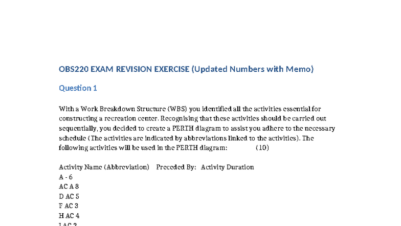 OBS220 Exam Revision: PERTH Diagram & Cost Analysis - Studocu