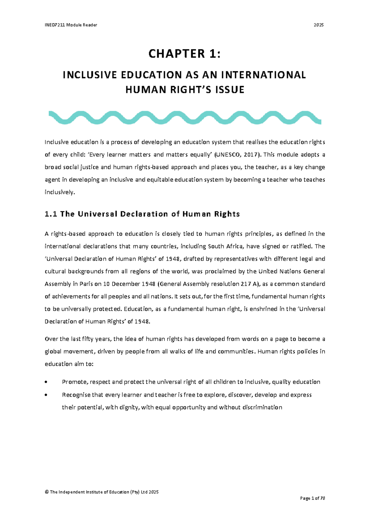 INED7211 Module Reader 2025: Chapter 1 - Inclusive Education as a Human ...