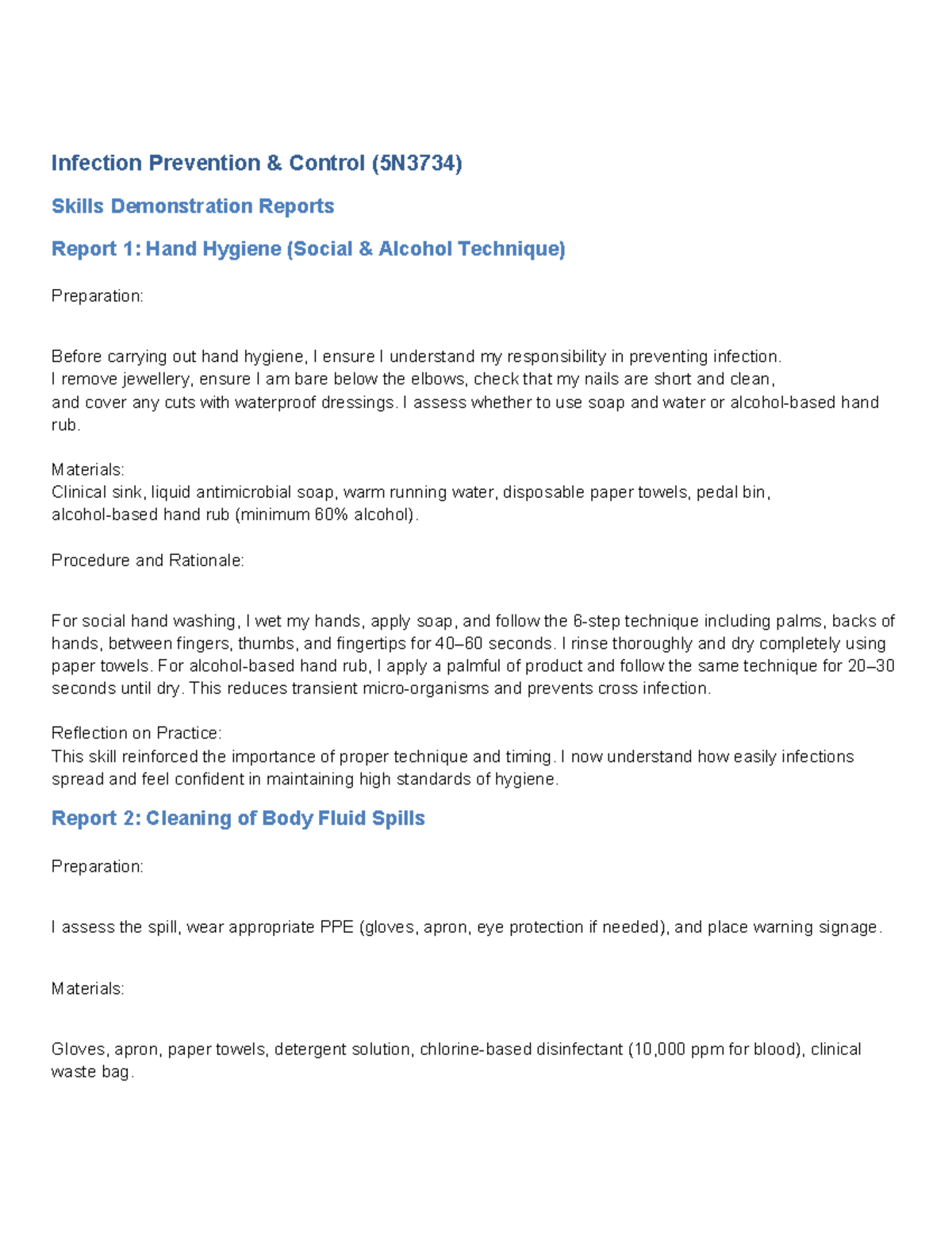 Infection Prevention Control (5N3734) Skills Demonstration Reports ...
